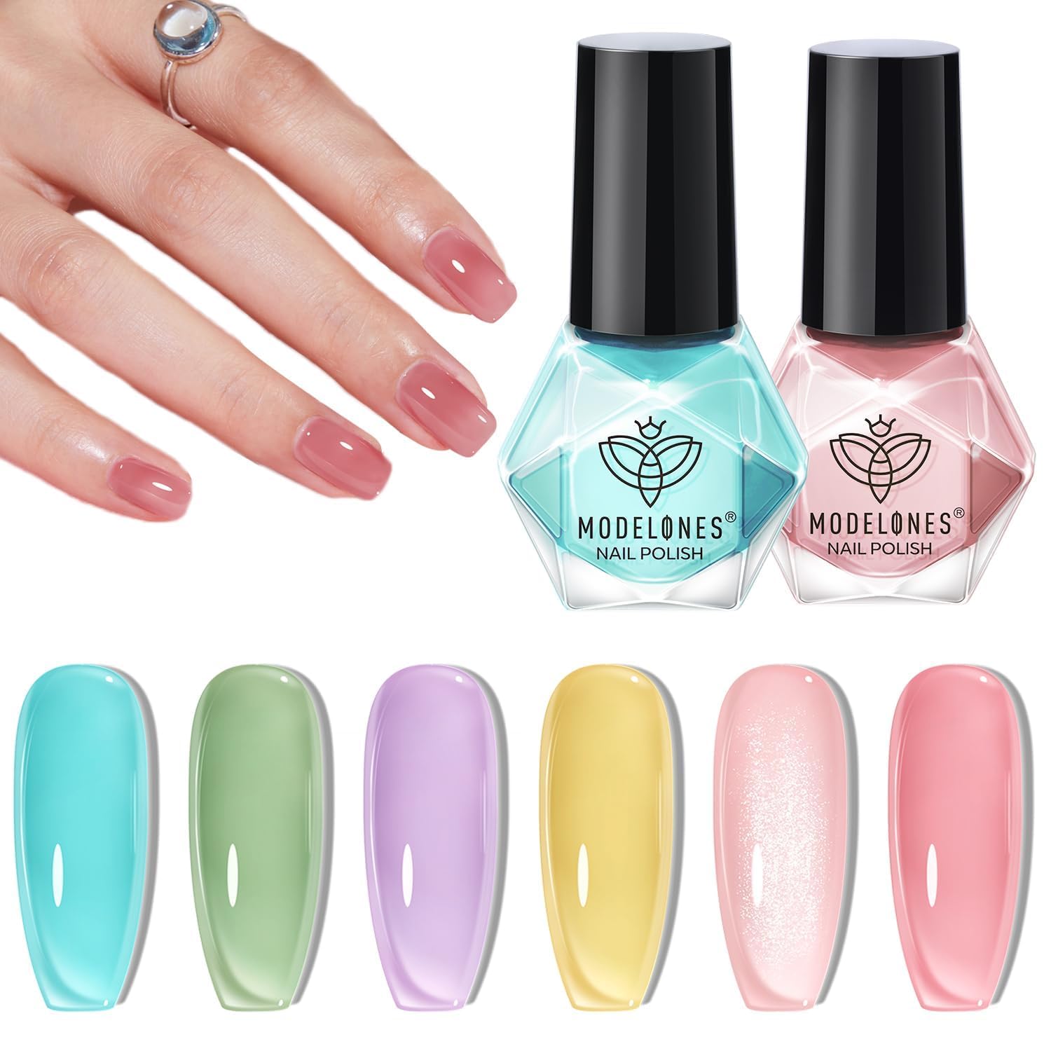 modelonesNail Polish Set, 6 Colors Jelly Nail Polish Kit Sheer Nude Pastel Pink Yellow Lavender Purple Baby Blue Mint Green Glitter Fingernail Polish 2025 Gifts for Women Salon DIY