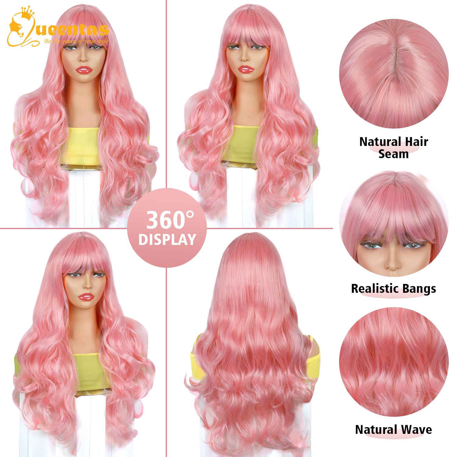QUEENTAS Pink Long Hair Wigs - 23inch Synthetic Wavy Wigs with Bangs for Women Halloween & Cosplay, Curly - Image 2