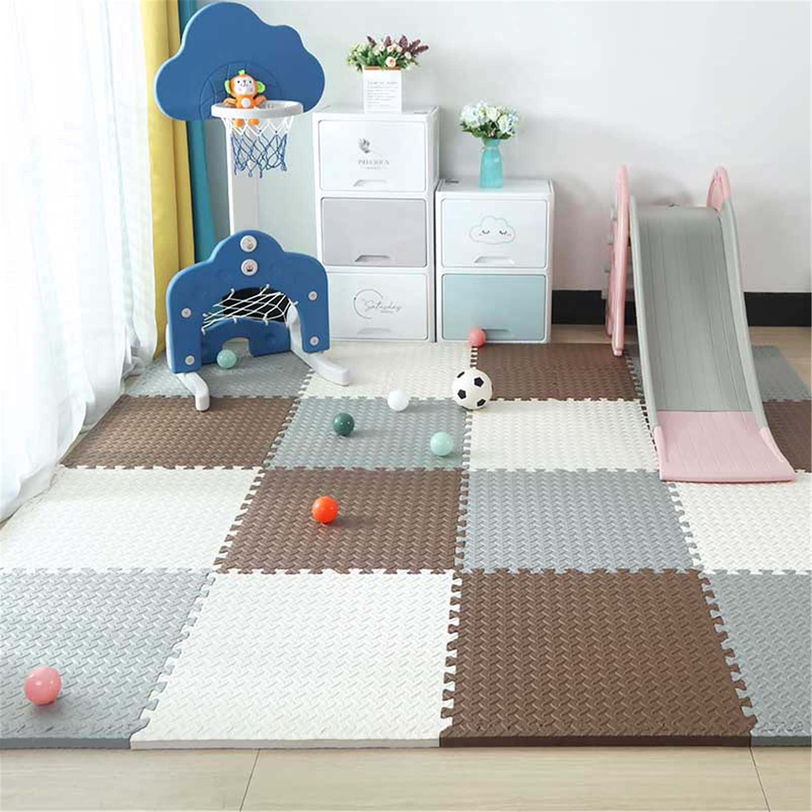 Alfombra De Juego De Rompecabezas De Espuma Suave para Niños Bebe Infantil,Alfombrillas De Juego De Enclavamiento De Espuma EVA Multicolor, 60X60x1cm,White+Gray+Brown,8pcs