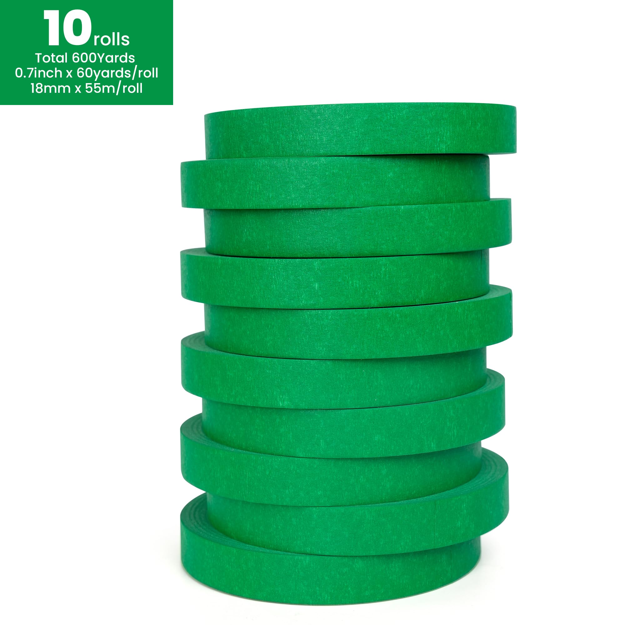 TAPEBEAR Cinta de Enmascarar Verde 18mm x 55m, Cinta de Pintor, Cinta de Enmascarar para Bordes Limpios, Adhesiva No Deja Residuos, Anti UV para Automóviles, Pintura Mural, 10Rollo