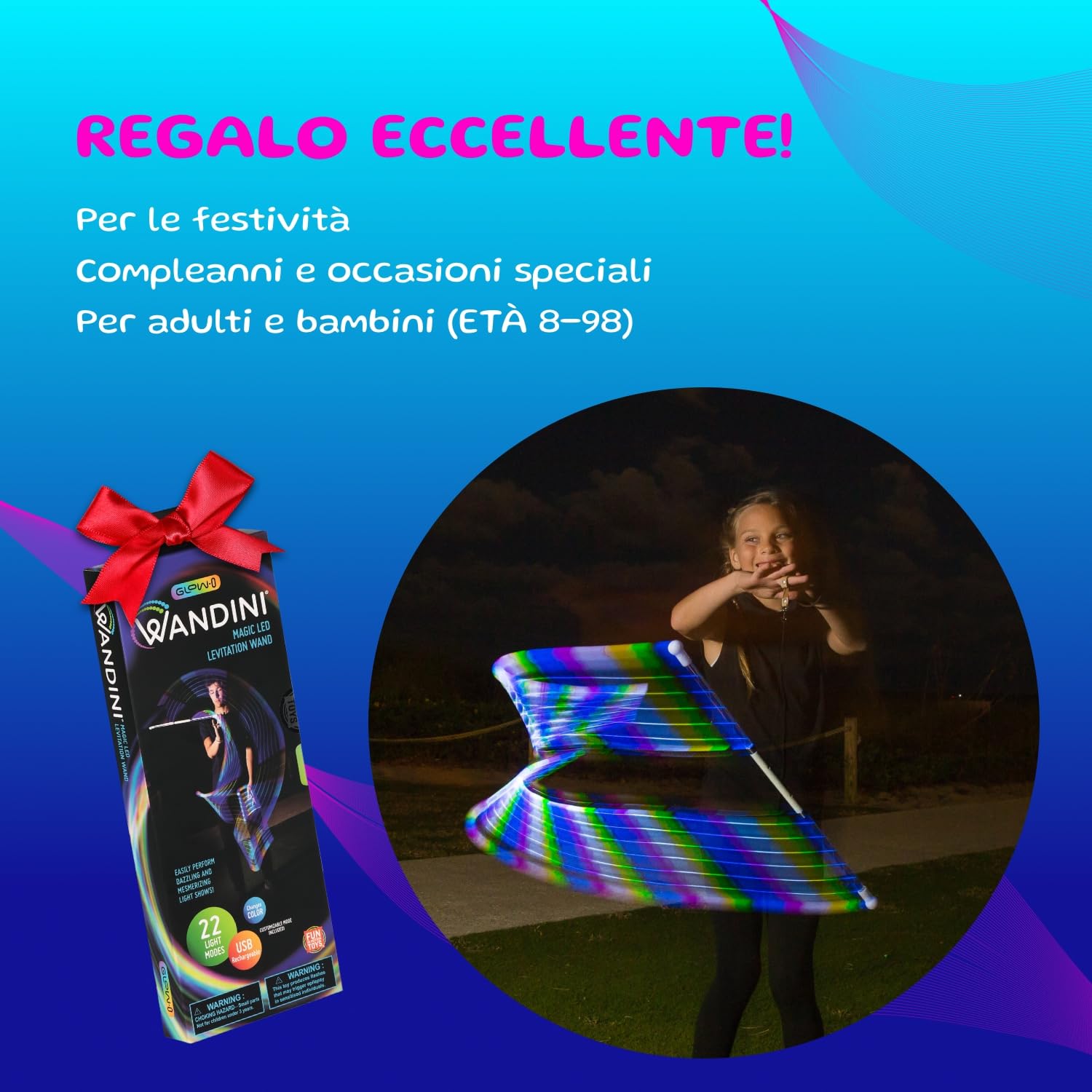 Wandini Glow.0 Bacchetta Magica a LED – Glow Stick a LED Pieghevole – Bastone Magico Ricaricabile Via USB - Bacchetta con Luci a LED Colorate - 22 modalità - Brevettata e Sapientemente Bilanciata