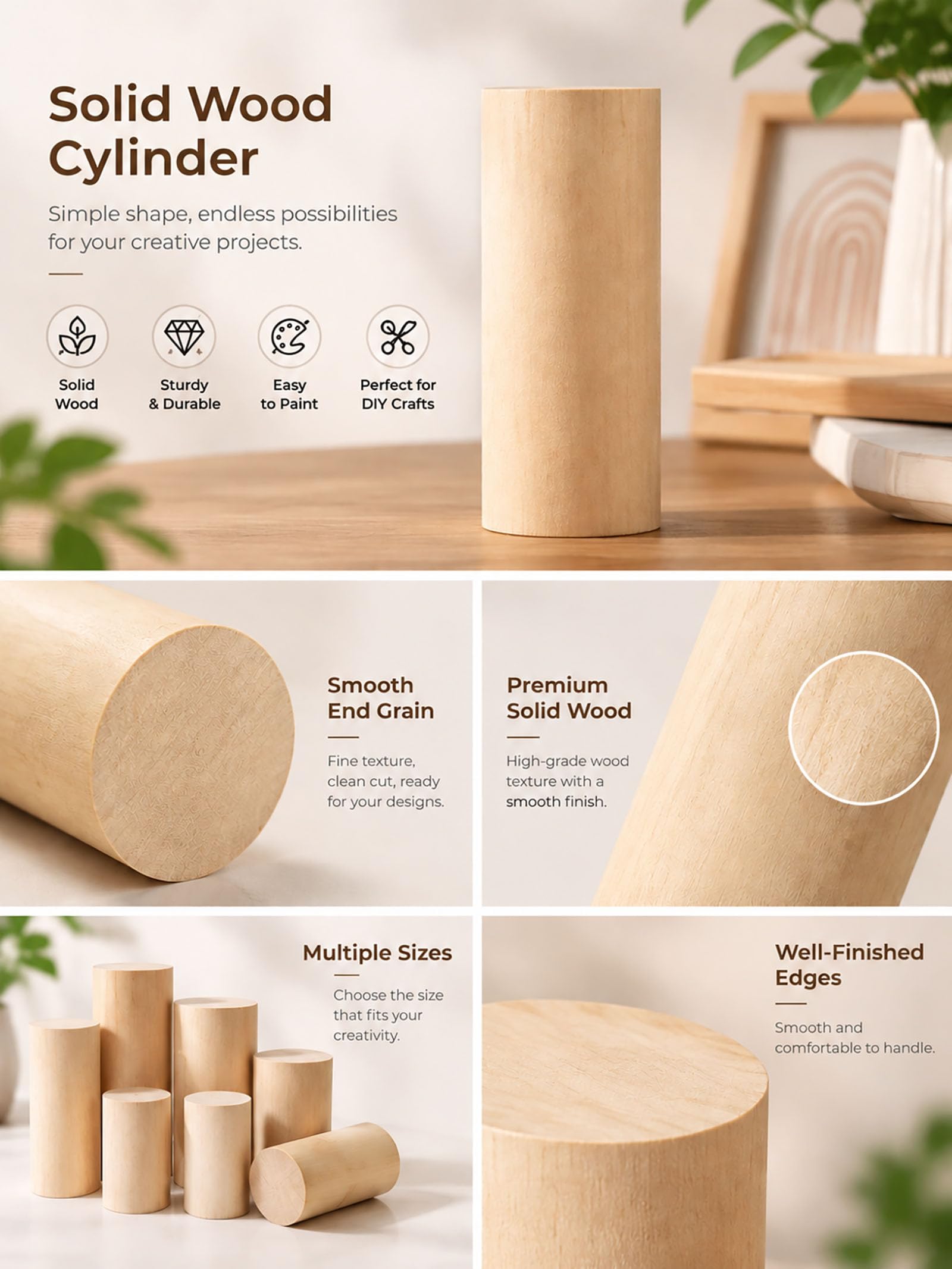 Dxcaicc Cilindros de Madera Maciza (Paquete de 5), Adecuados para Manualidades,Diameter 4*Height 8 cm（5PCS