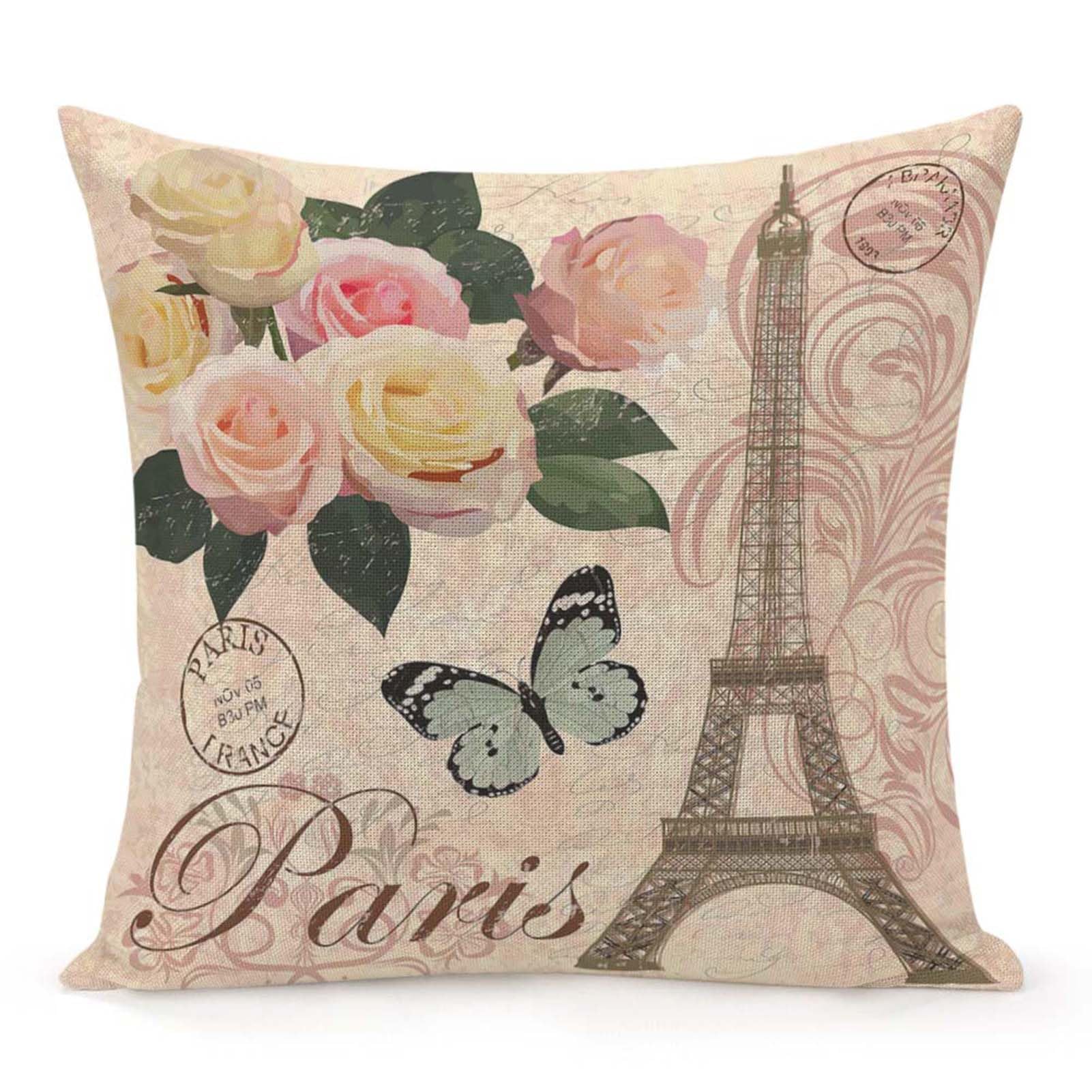 Jiaopenyou Throw Pillow Cover 18x18 Inch,Paris Flower Eiffel Towel with Rose Throw Pillow Case,Home Decor Cushion Covers for Sofa Living Room Couch