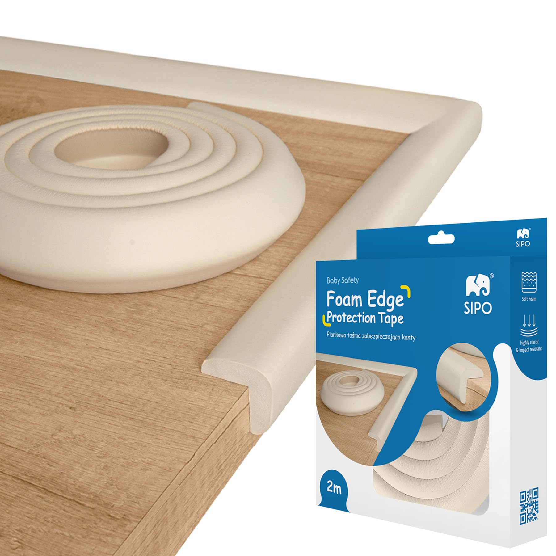 SIPO Baby Edge Protector - 2m Foam Safety Strips in Cream - Bumper for Table, Cabinet & Furniture Edges - Self Adhesive, Cut to Size