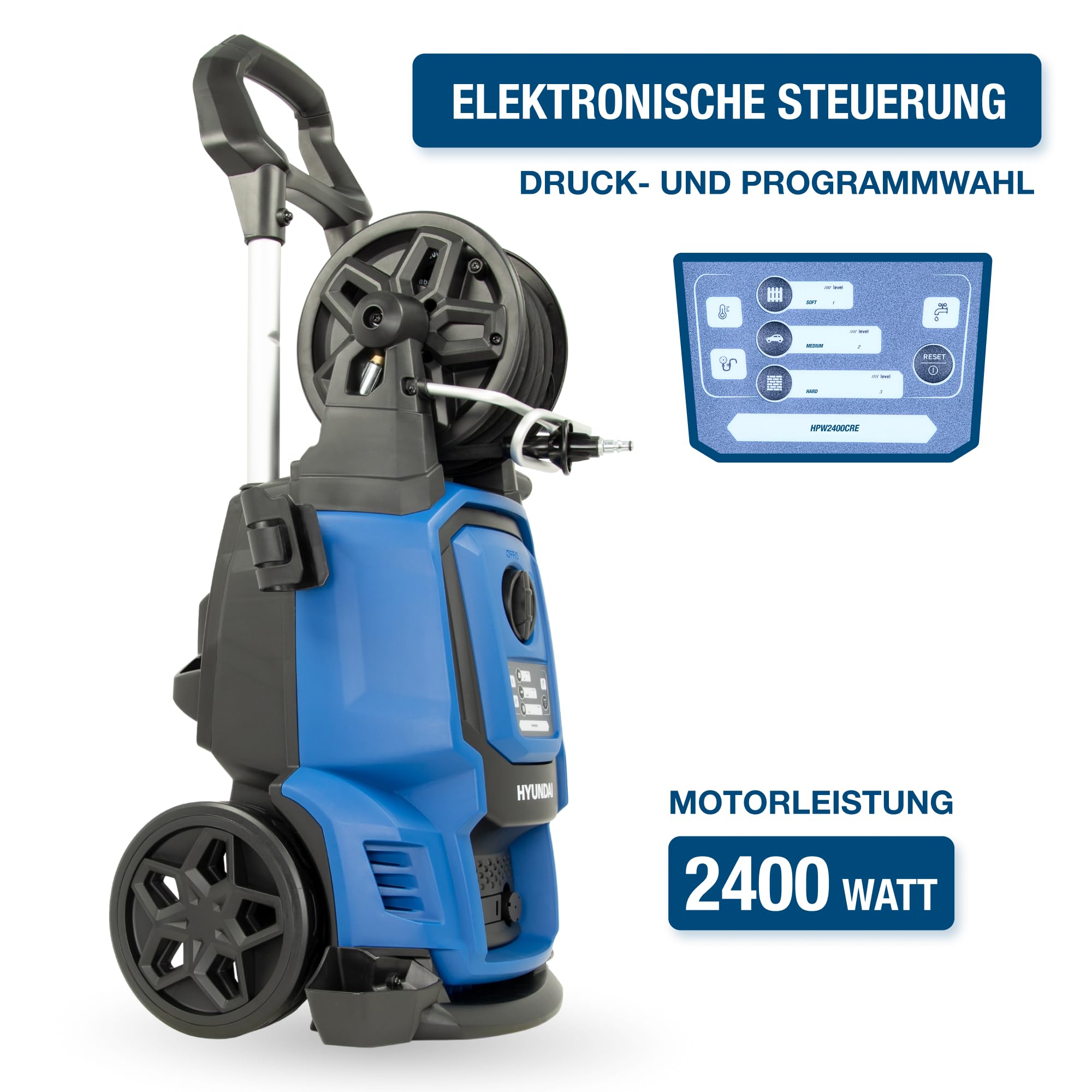 HYUNDAI Hochdruckreiniger HPW2400CRE, max. 195 bar - 450 l/h, 2400 W, EL.-Control, verdreh-sicherer 10m Schlauch, verstellbare Düse, rotierende Turbodüse, Seifenflasche