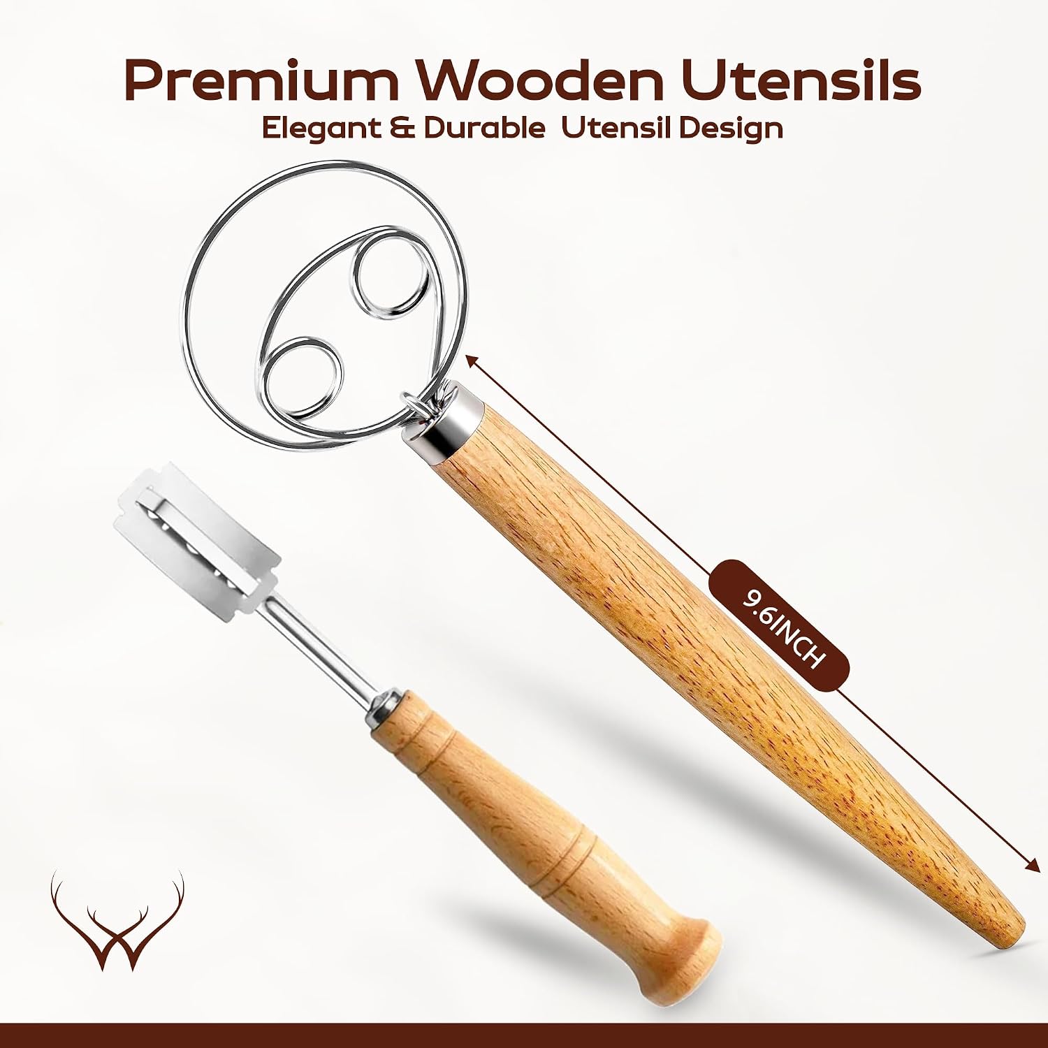 WOODLANDS USA Danish Dough Whisk for sourdough 13 Inch - 304 Stainless Steel Hook with Long Wooden Handle (Dough Whisk + Bread Lame)