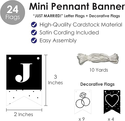 Miniatura 5 de Big Dot of Happiness Mr. and Mrs. - Mini banderín de boda o despedida de soltera en blanco y negro - Just Married