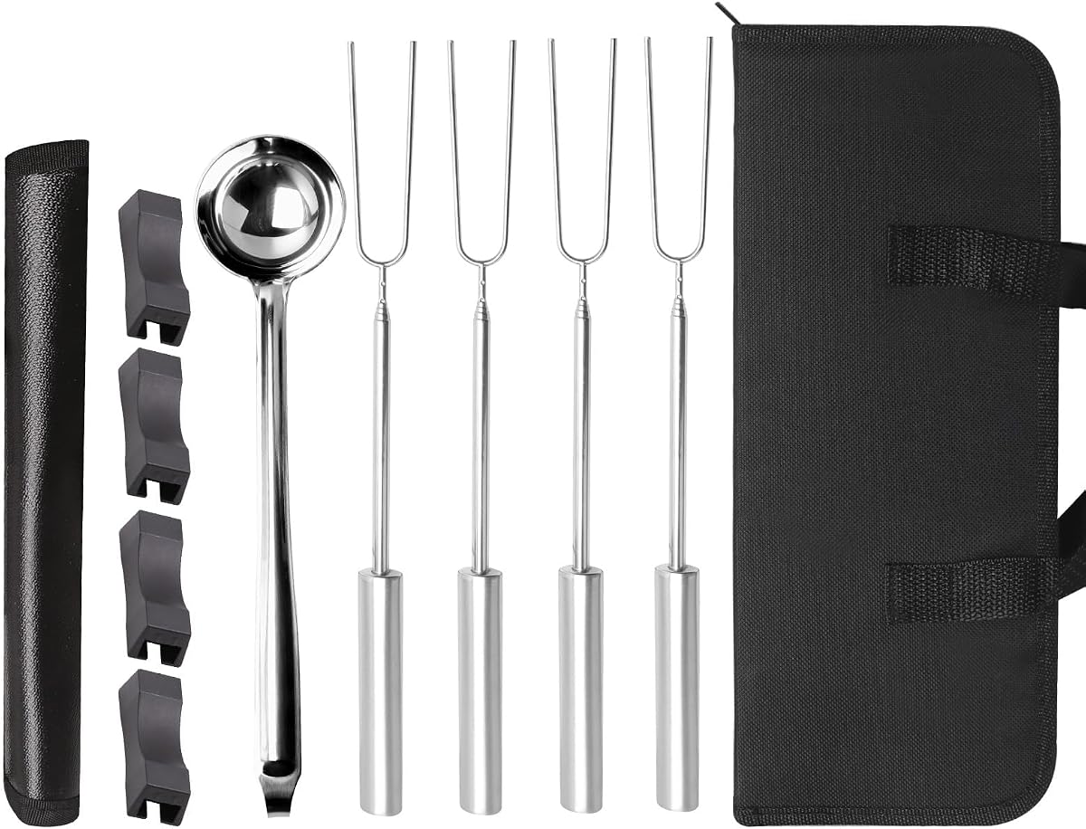 Telescoping Marshmallow Roasting Sticks for Solo Stove Mesa XL | 4 Stainless Steel Accessory Pack for Tabletop Fire Pits, Fireproof Mat, Pellet Scoop, Carry Bag for Camping Backyard S’mores