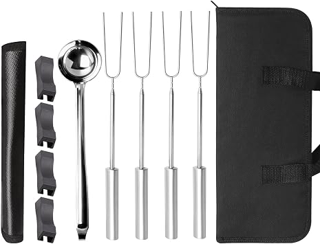 Telescoping Marshmallow Roasting Sticks for Solo Stove Mesa XL | 4 Stainless Steel Accessory Pack for Tabletop Fire Pits, Fireproof Mat, Pellet Scoop, Carry Bag for Camping Backyard Smores