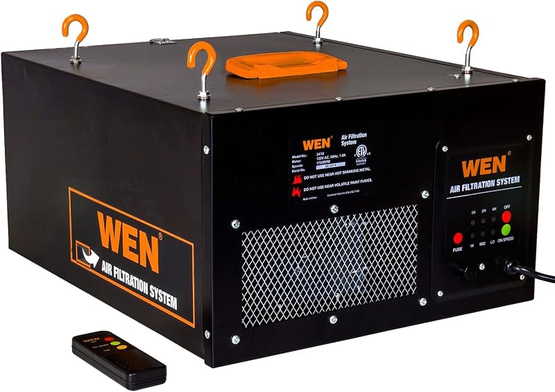 Sistema de filtración de aire controlado por control remoto WEN 3410 de 3 velocidades (300/350/400 CFM), básico con control remoto RF (400 CFM) , negro