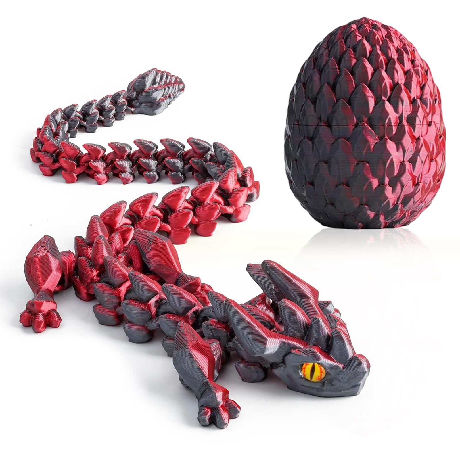 3D Printed Dragon Eggs with Dragon Inside, Articulated Fidget 3D Printed Animals, Interesting Decorative Gift (Black Red)
