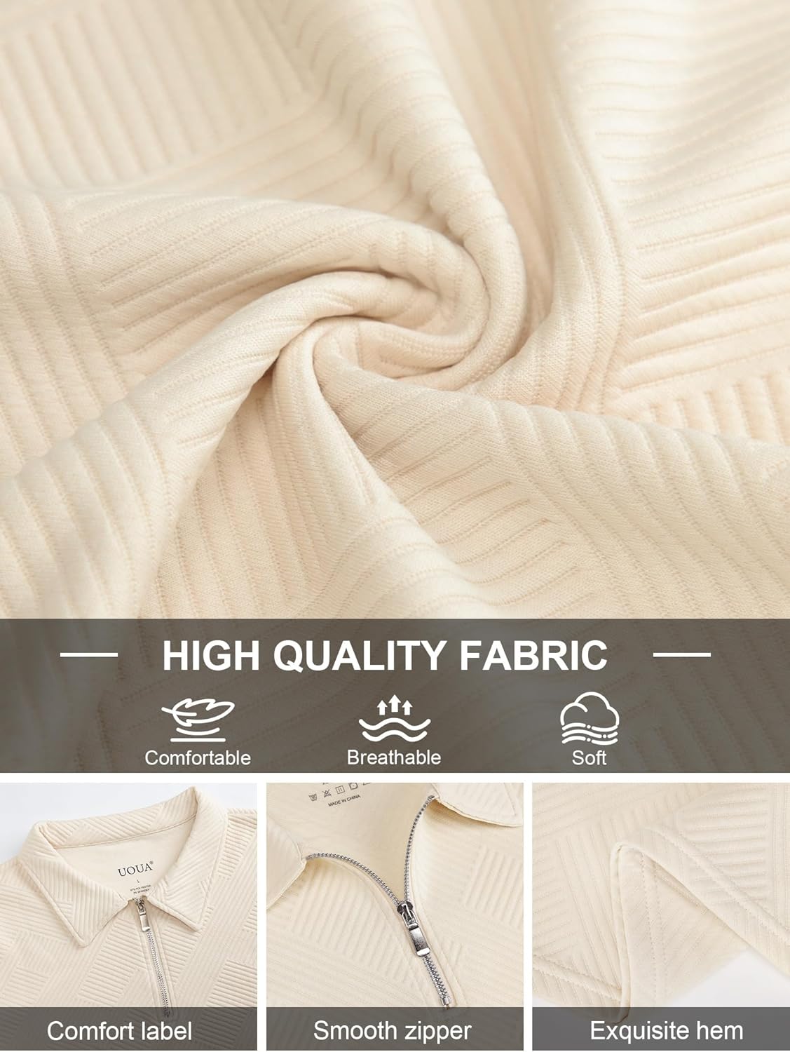 UOUA Men's Polo Shirt Quarter Zip Tops Soild Casual Geometric Texture Long Sleeve Sweaters Pullover Golf Sweatshirts - Image 7