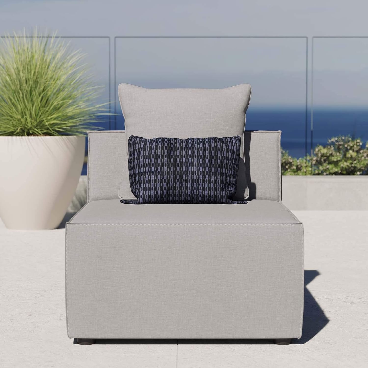 Pemberly Row Outdoor Patio Armless Sofa Chair, Gray Fabric Upholstery, Water and UV-Resistant Cushions, Aluminum Frame, 25.5" H x 34.5" W x 29.5" D, Modern Style for Porch, Deck, Poolside