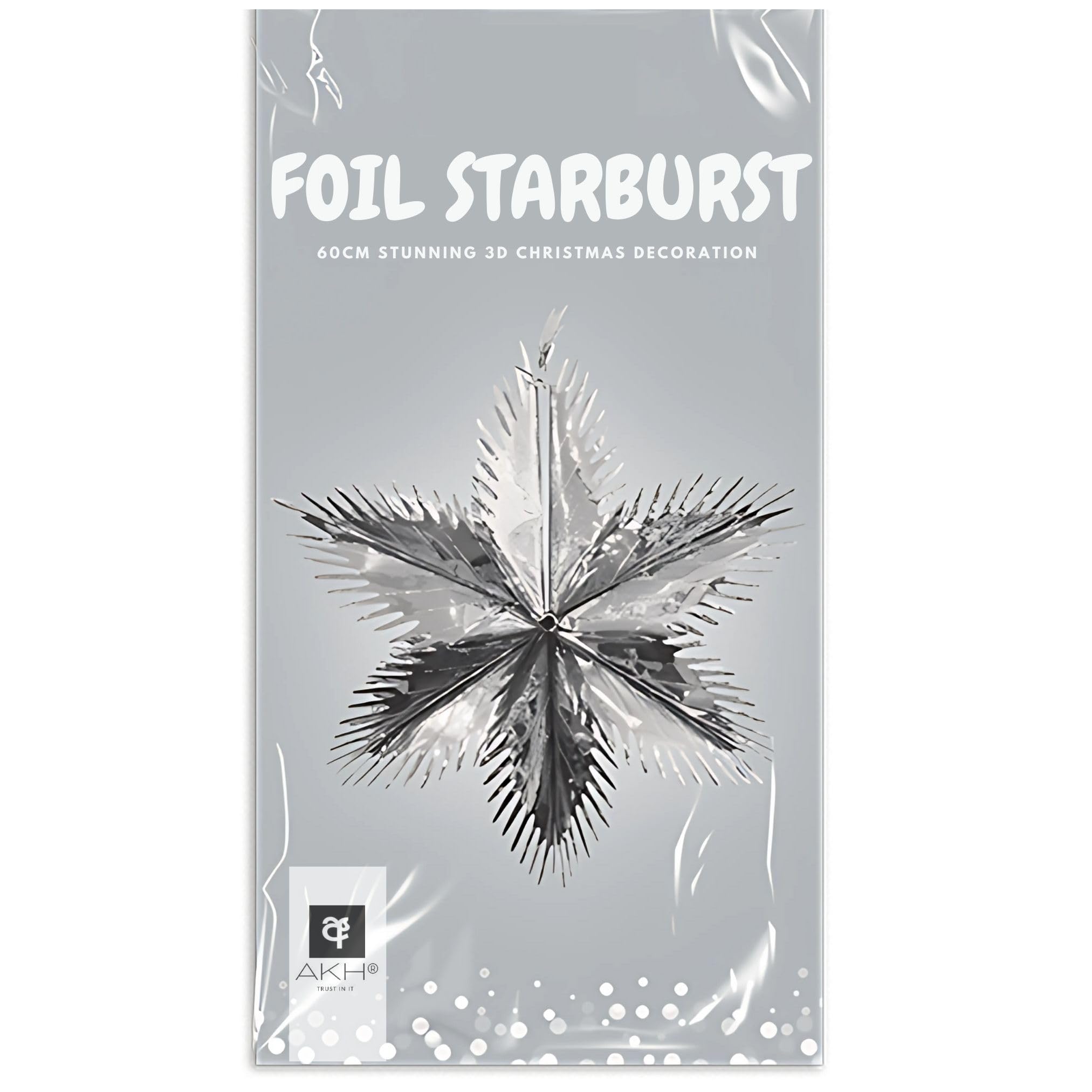 Akh Silver Akh® Foil Starburst Christmas Decoration | 60Cm | Metallic Hanging Starburst Ornament For Christmas Ceiling, Tree, Wall & Festive Decorations