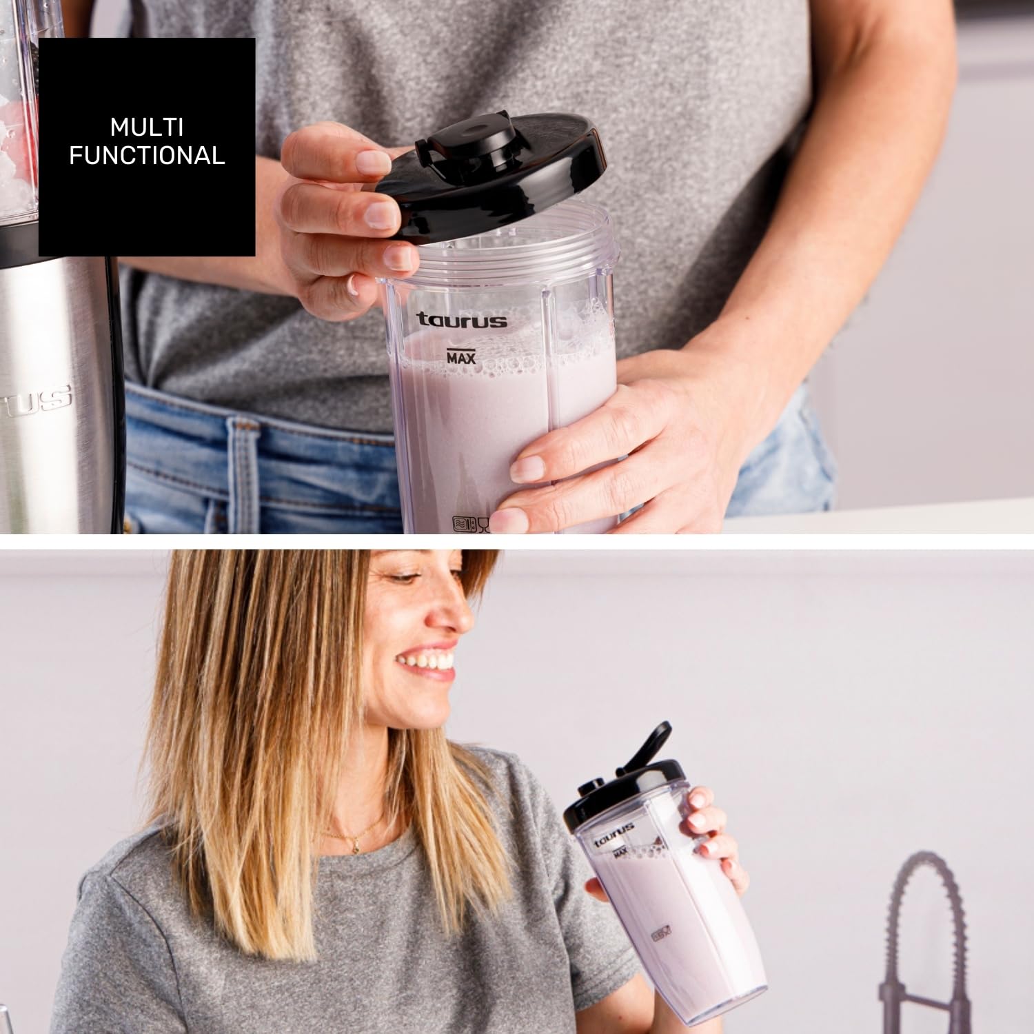 Taurus Shake & Go Mix – Mini batidora portátil de 1000W con vaso de 500 ml portatil | 6 cuchillas de acero inoxidable | Tritura hielo y fruta congelada | Pulse Technology | Incluye tapas