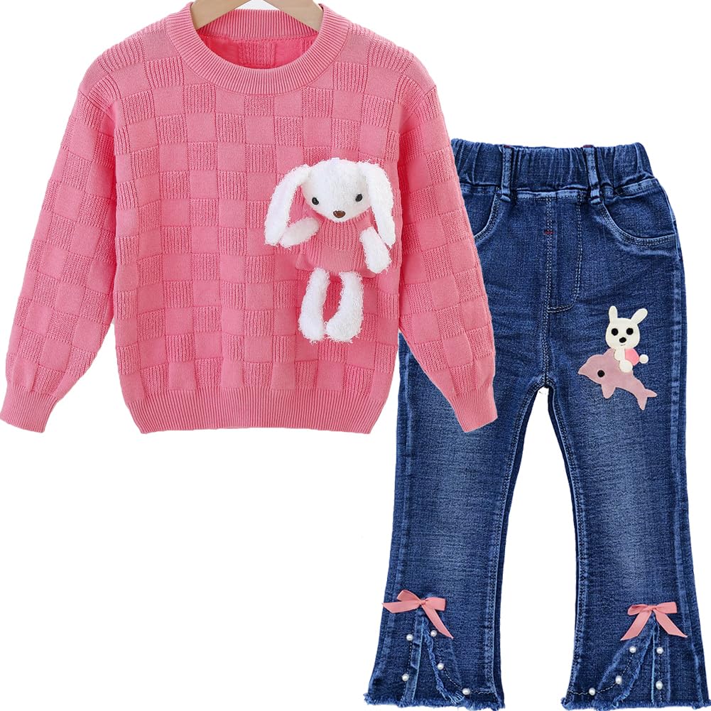 Peacolate 18M to 5Y Rainbow Sweater & Strawberry Embroidery Jeans Clothing Set for Toddler&Little Girls