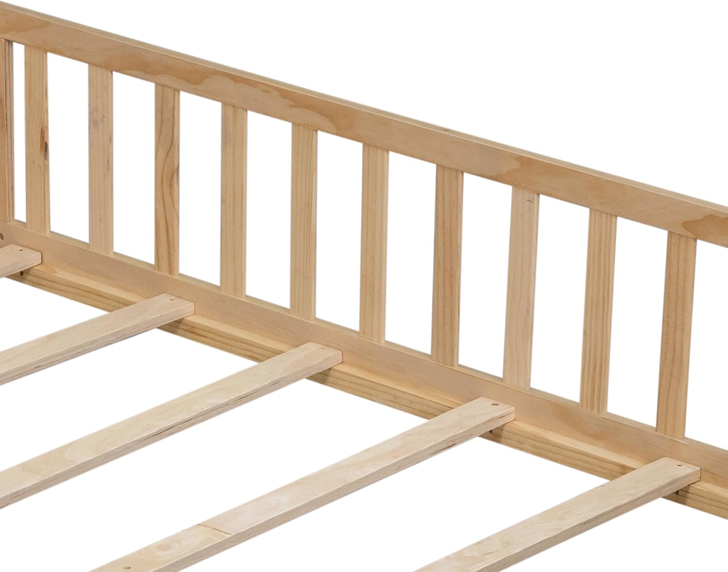 Full Size Floor Platform Bed with Fence and Door for Kids, Montessori Floor Bed Frame with Support Slats for Toddlers, Wooden Floor Bed (Natural)