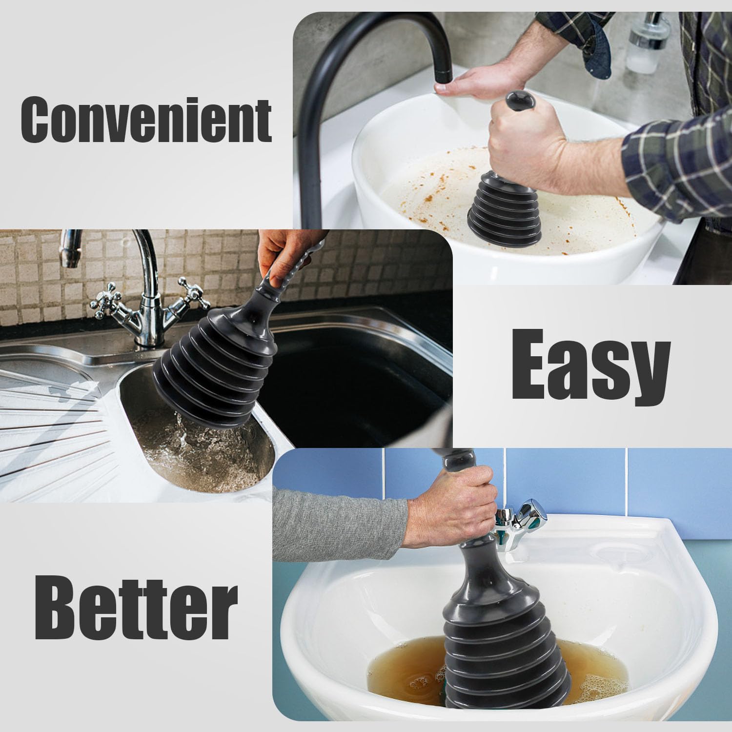 1 pieza de desatascador de lavabo, limpiador de émbolo de inodoro, desatascador de desagüe, apto para cocina, baño, herramienta de émbolo (negro)