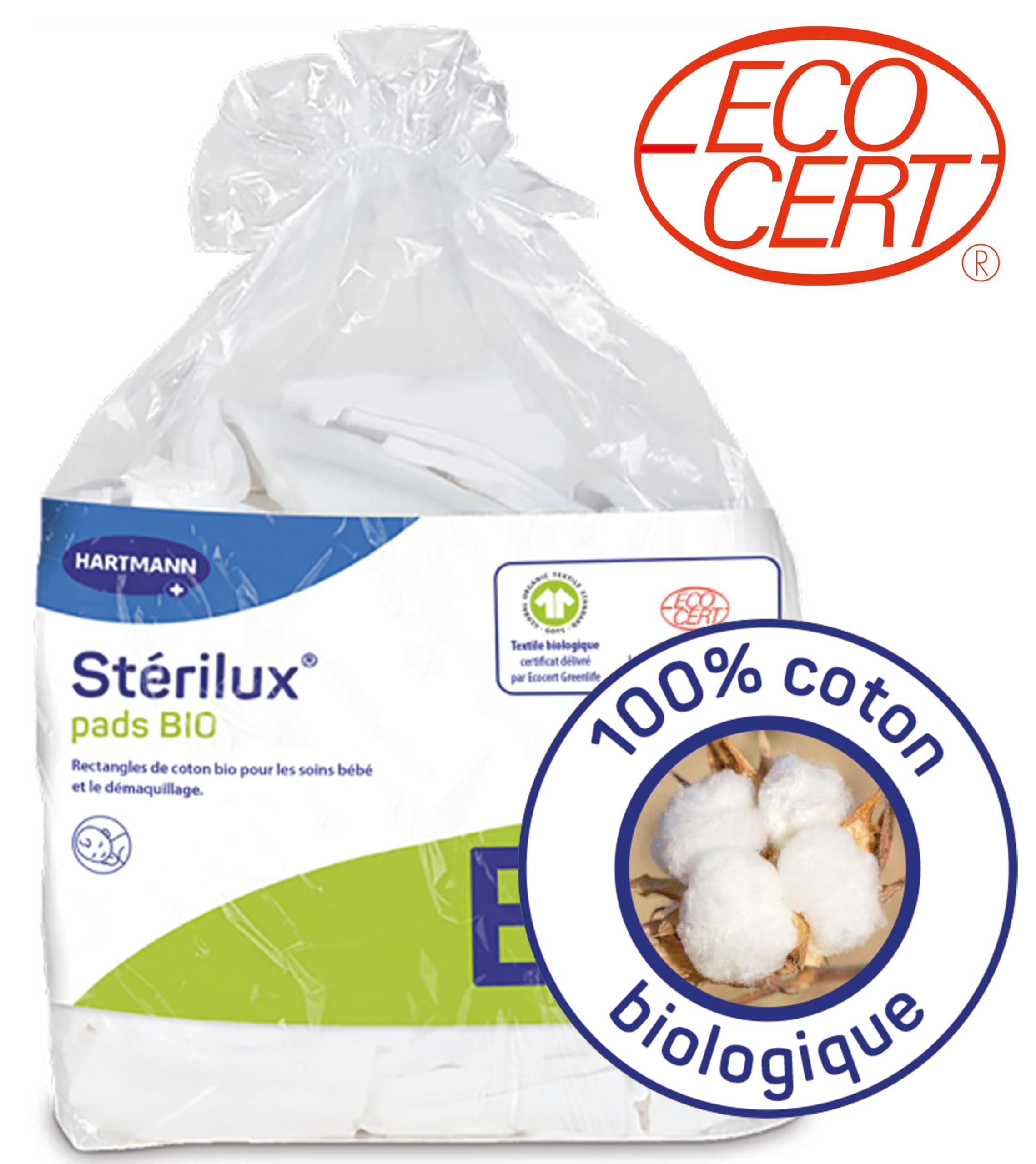 Esteriles almohadillas orgánicas – rectángulos de algodón orgánico – suave – no pelusa – 7,5 x 9,5 cm – 160 unidades
