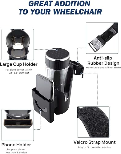 Miniatura 3 de JOYTUTUS Portavasos para silla de ruedas, soporte para botella de agua 2 en 1 y soporte para teléfono, soporte universal para vasos de bebida para