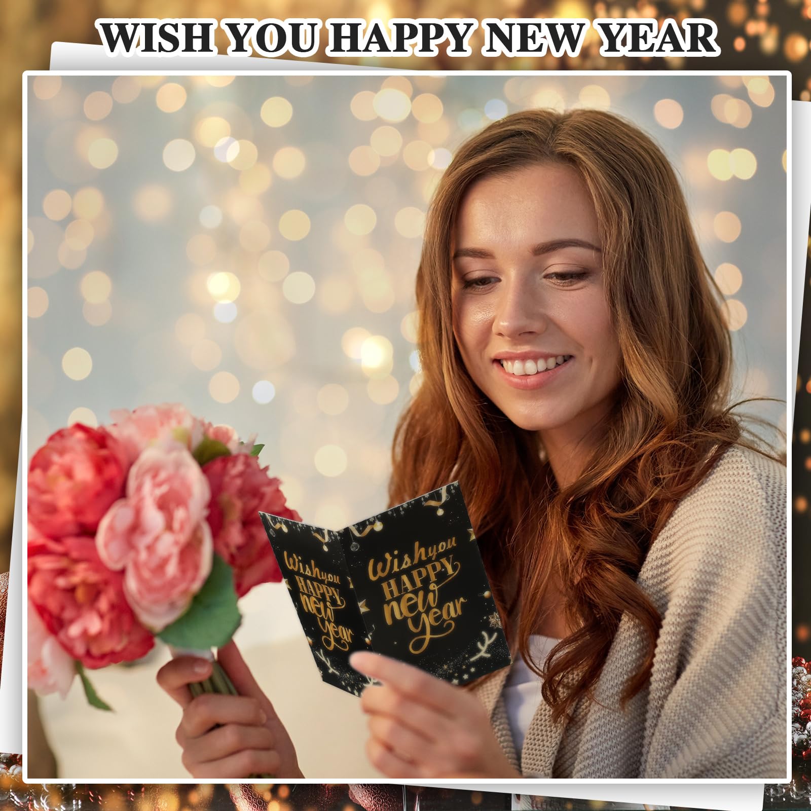 Resurhang 100 juegos de tarjetas de felicitación de Año Nuevo con sobres y calcomanías, papel de aluminio negro, tarjeta de notas en blanco para fiestas familiares, regalos de vacaciones, suministros