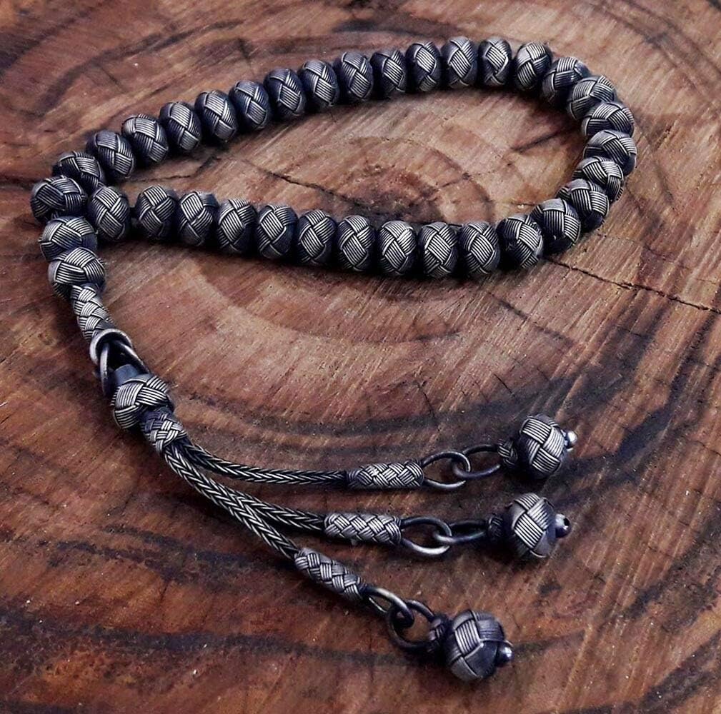 1000 Ct Silver Turkish Kazaz Hand Knitted Black Islamic Prayer Beads Tasbeeh Rosary