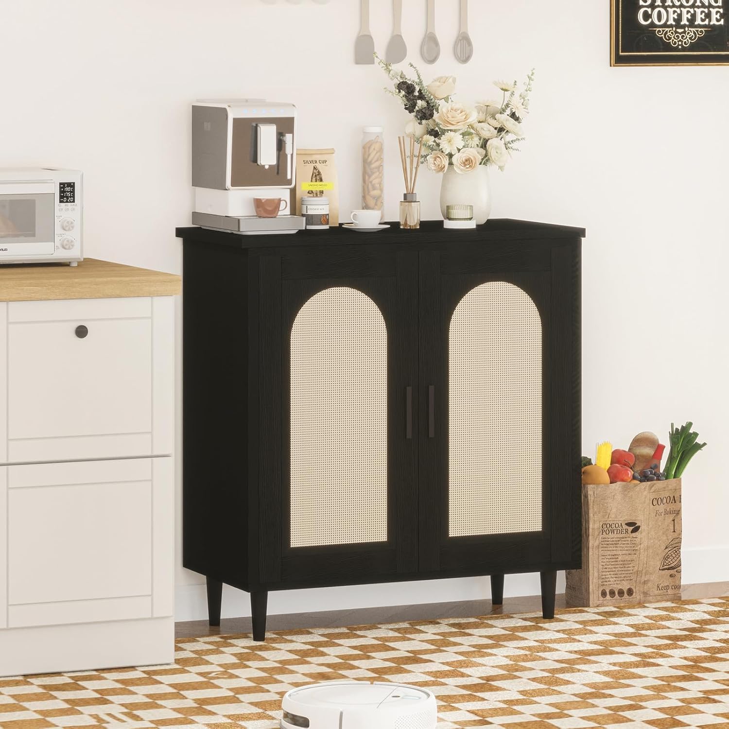 Black Rattan Sideboard Cabinet – Adjustable 2-Tier Storage, Sturdy Wood Legs, Modern Console Table for Entryway, Hallway, Dining Room, Living Room – Accent Furniture – Color: Black