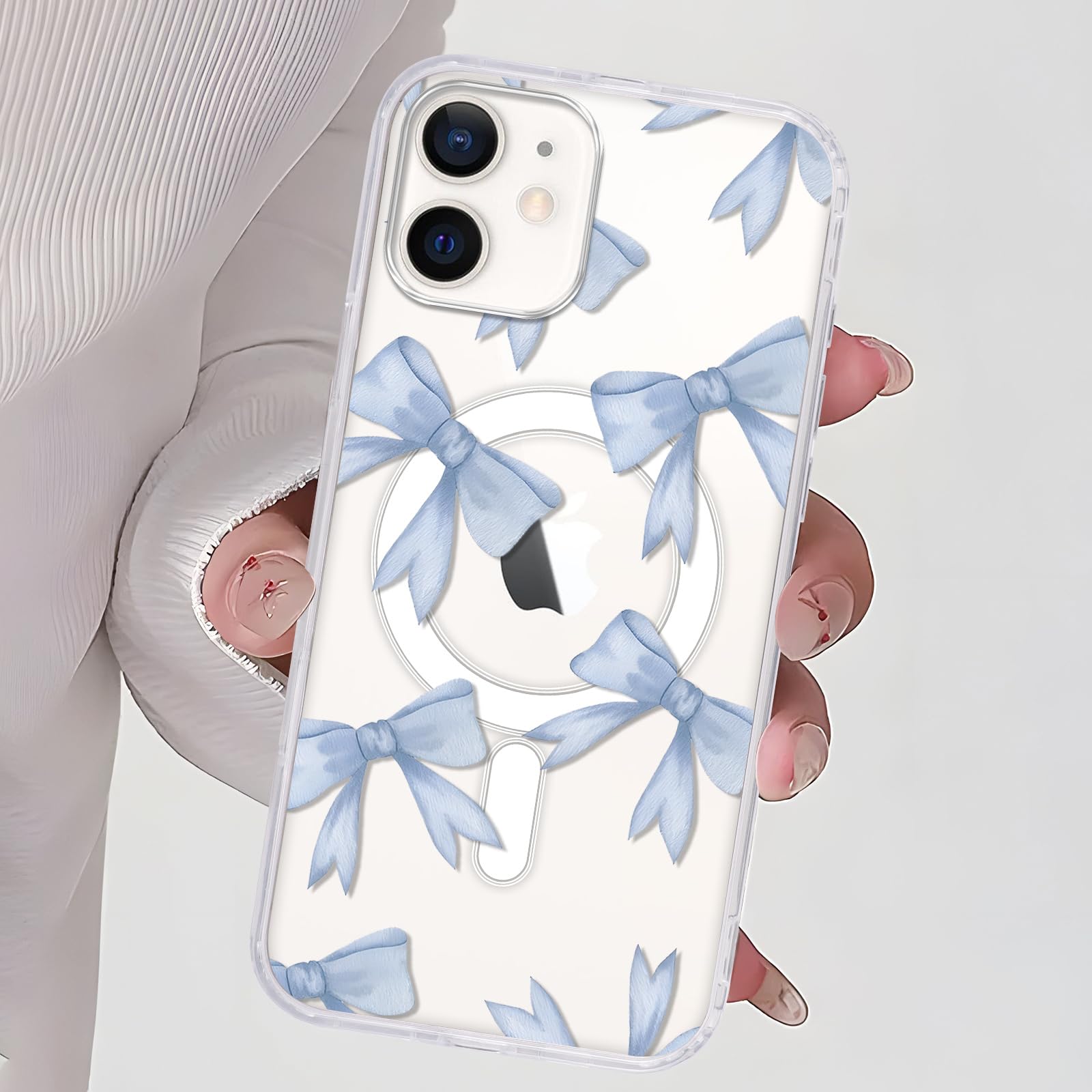 Zrutru Blue Bow Phone Case for iPhone 12/12 Pro Case Magnetic Wireless Slim Clear Ribbon Pattern Girly Design Funda for Girls Women,Soft TPU