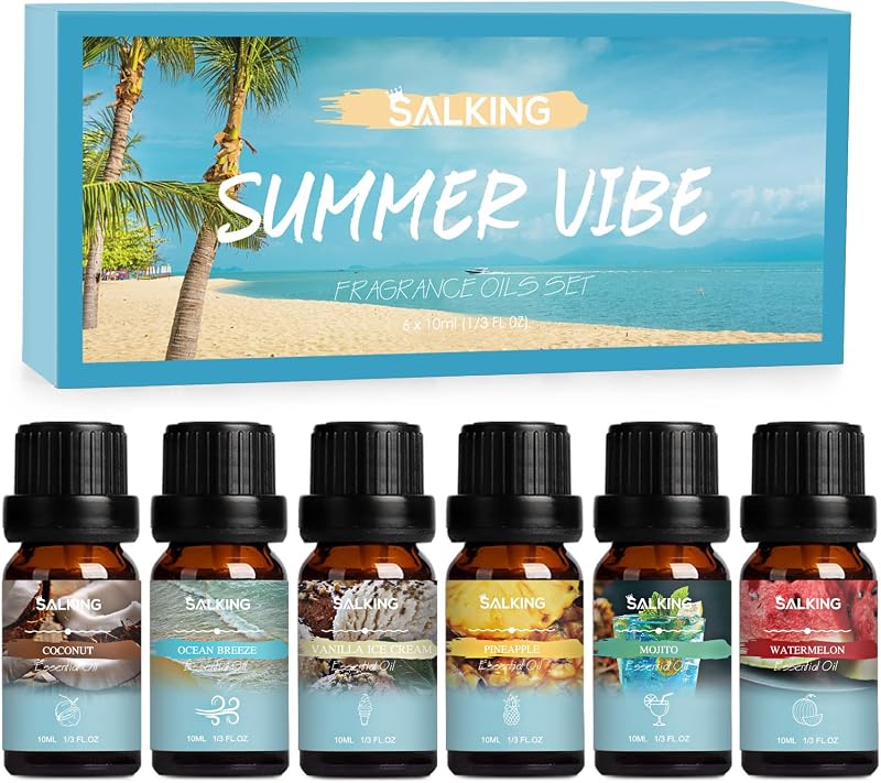 SALKING Juego de aceites aromáticos de verano, set de regalo de aceites esenciales premium para difusor, aceite perfumado para hacer jabón y velas, brisa del océano, mojito, coco, piña, sandía, helado de vainilla