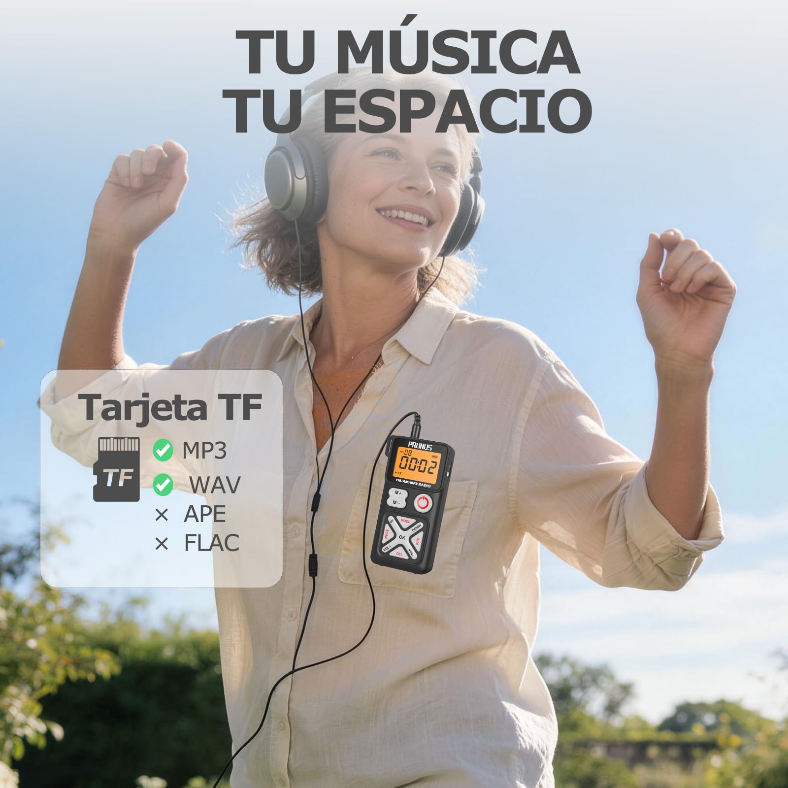 PRUNUS J-988 FM/Am Radio Digital con Preajuste Manual, Radio Portatil Pequeña con Auriculares/Ranura para Tarjeta TF, Carga USB-C, Radios de Bolsillo con Clip Trasero para Caminar, Viajar.