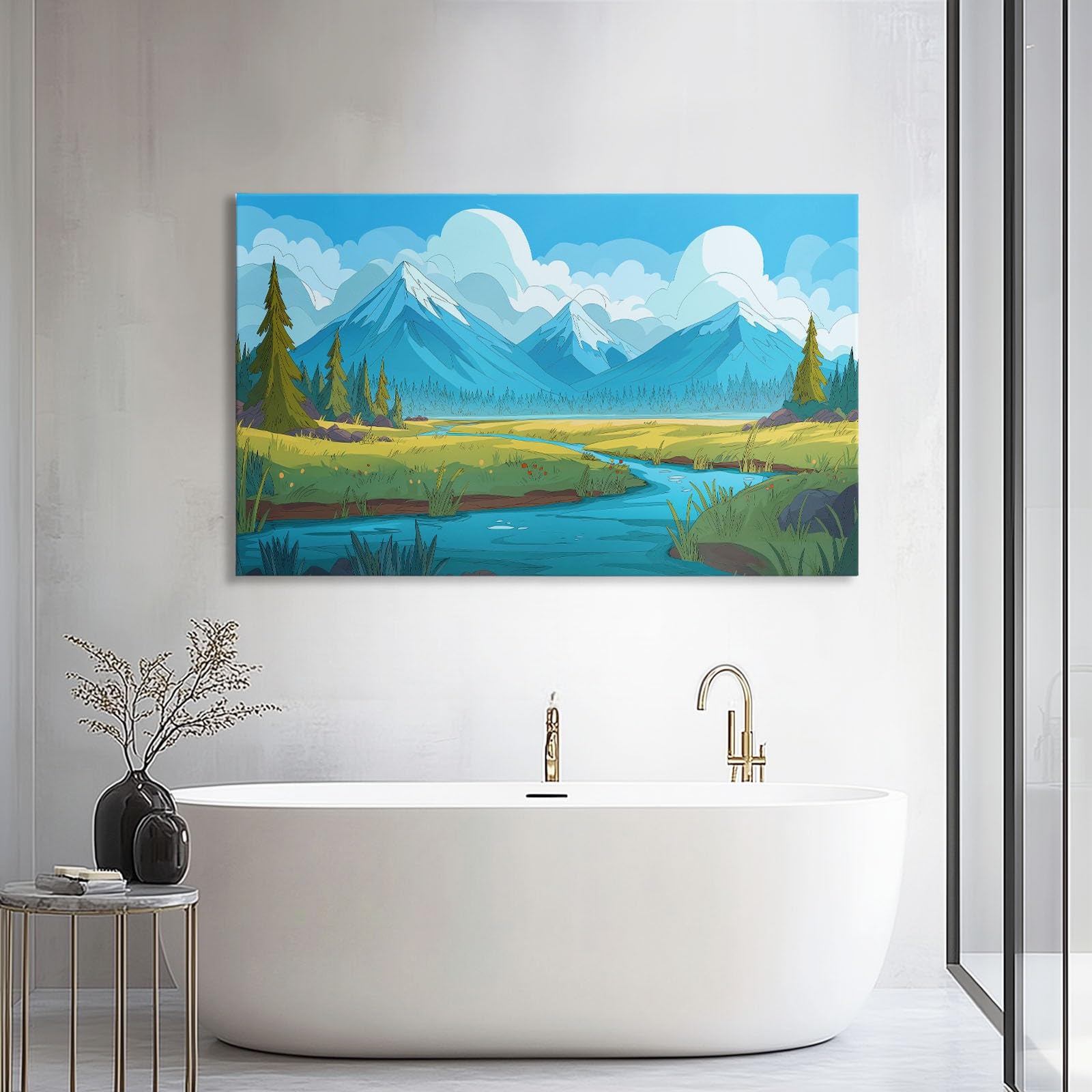 Generisch Cartoon Natürlich Schneeberge Fluss Modernes Leinwandbild 120L x 80B cm mit Rahmen, Eisblau XXL Wanddeko für Wohnzimmer Geschenk Idee Einzug - Hochwertiger Kunstdruck auf Holzrahmen