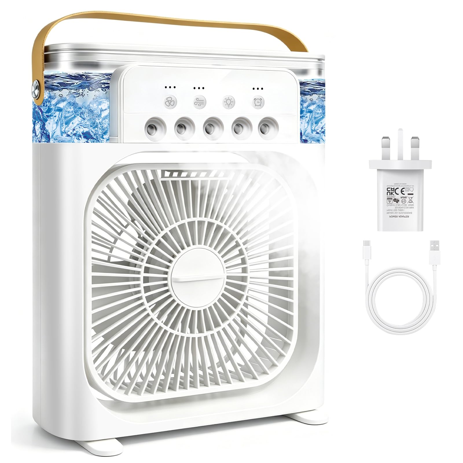 Portable Air Conditioner Fan, Mini Evaporative Air Cooler with 5 Spray Nozzles,3 Wind Speeds,3 Timers, 7 Colors LED Light,600ML Personal AC Unit Fan for Bedroom Office Camping（White）