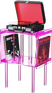 Acrylic Record Player Stand, with Vinyl Storage, Clear Acrylic Side Table,Pink