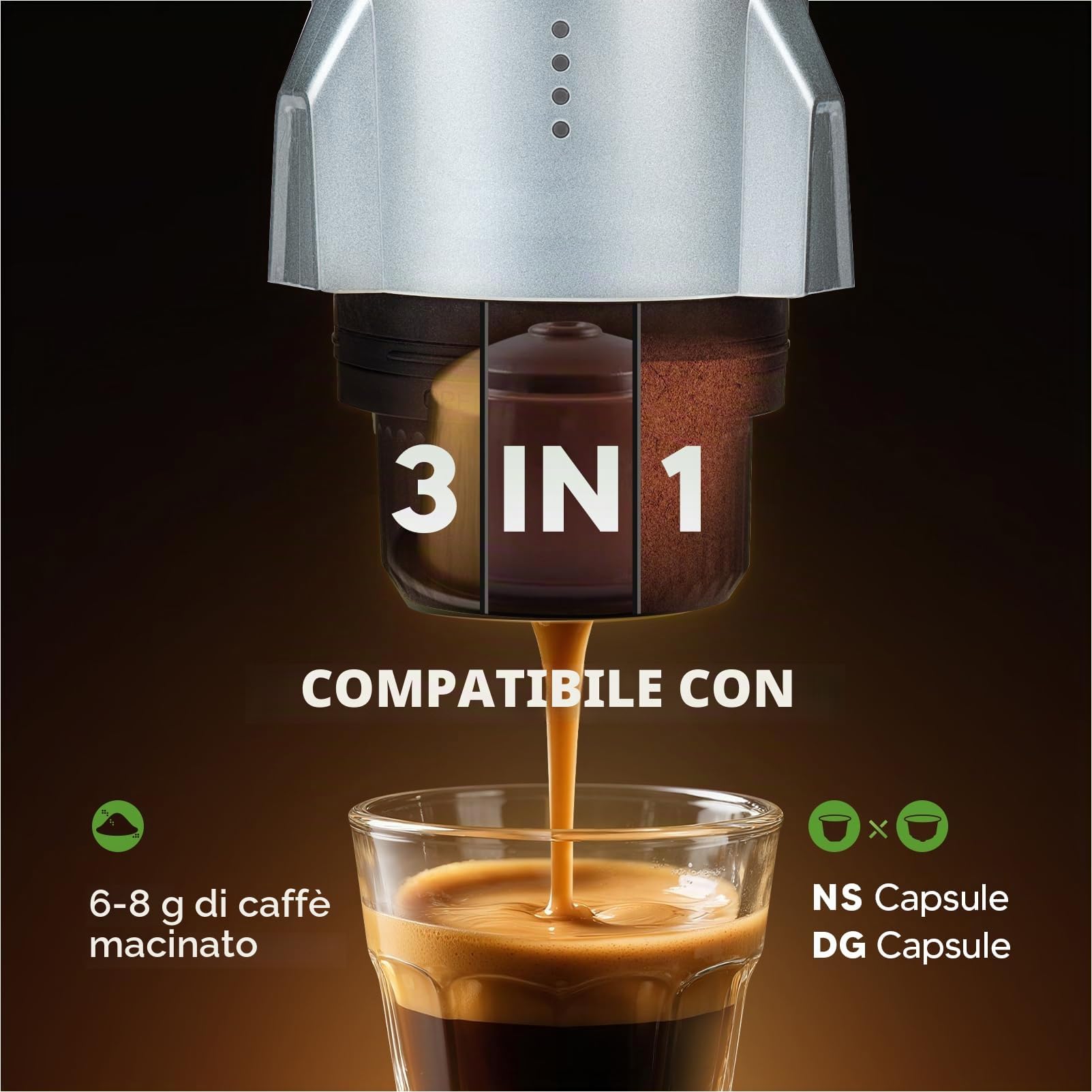 Macchina per caffè espresso portatile 3 in 1, macchina per espresso elettrica auto-riscaldante, caffettiera da viaggio a 19 bar con caffè macinato e cialda NES PRESSO/DolceGusto, grigio spazio
