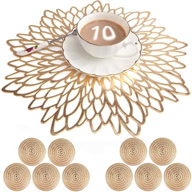 Mangata Gold Placemats and Coaster Sets of 10, Round Table Placemats for Christmas, Wedding, Dinner Parties, Restaurant, Hotel, 38cm, 15.5inches