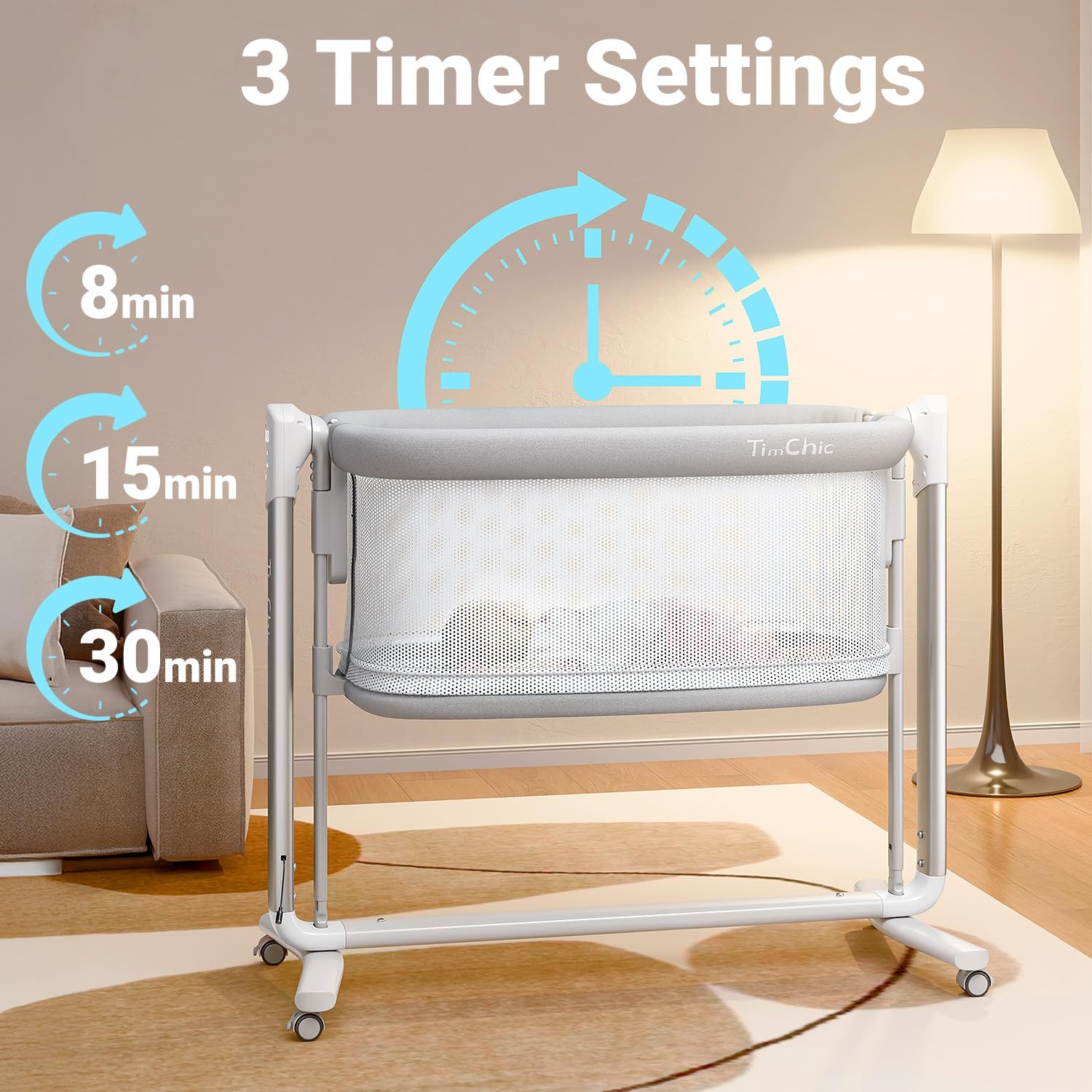 Electric Baby Bassinet, 7 Height Adjustable Rocking Bassinet for Baby, Auto Infant Sleeper with Timer, 12 Lullabies, Wheels, Smart Rocking Crib for Newborns, Gray