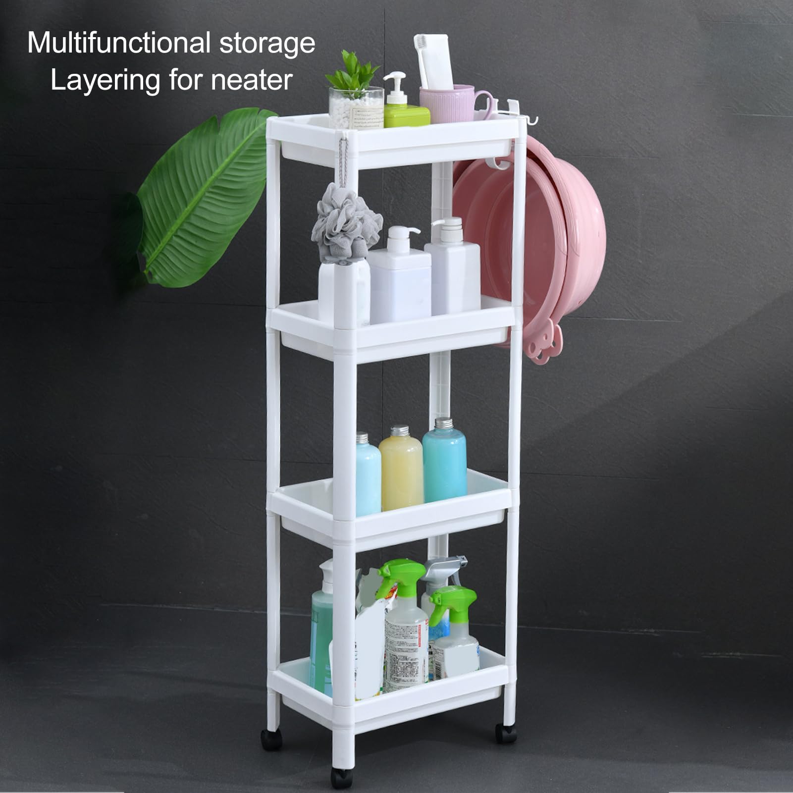 Estante de Torre de baño, Estante de Almacenamiento Independiente de plástico, Organizador, estantería Multifuncional para Sala de Estar, Dormitorio, Cocina, Blanco (4 Capas (con Ruedas))