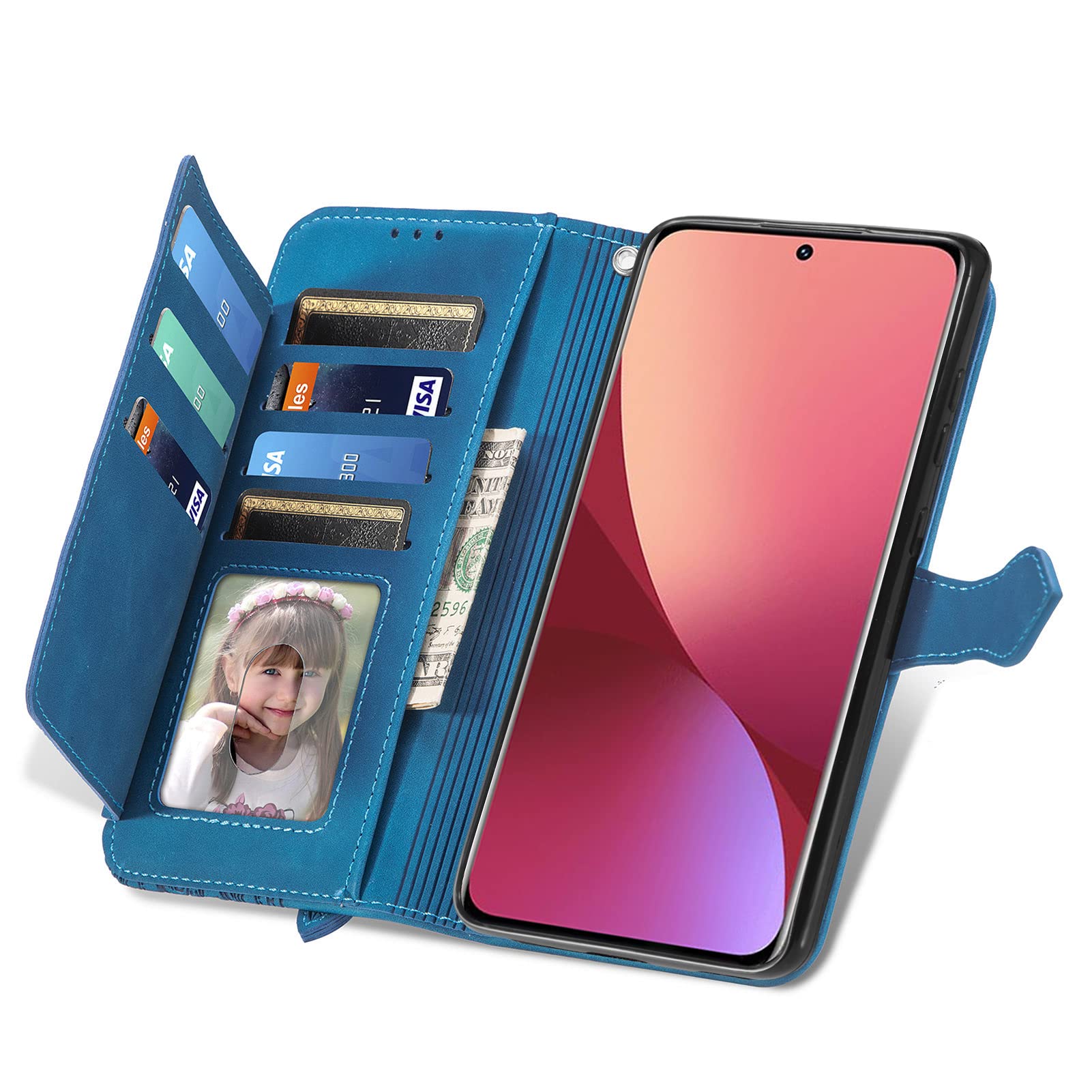 NEXCURIO Custodia a Libro Cover Portafoglio per Xiaomi 12 / Xiaomi Mi 12X 5G Flip Case in Pelle Fiori Donna con Tasca Zip Porta Carte Laccio Supporto Antiurto - Blu