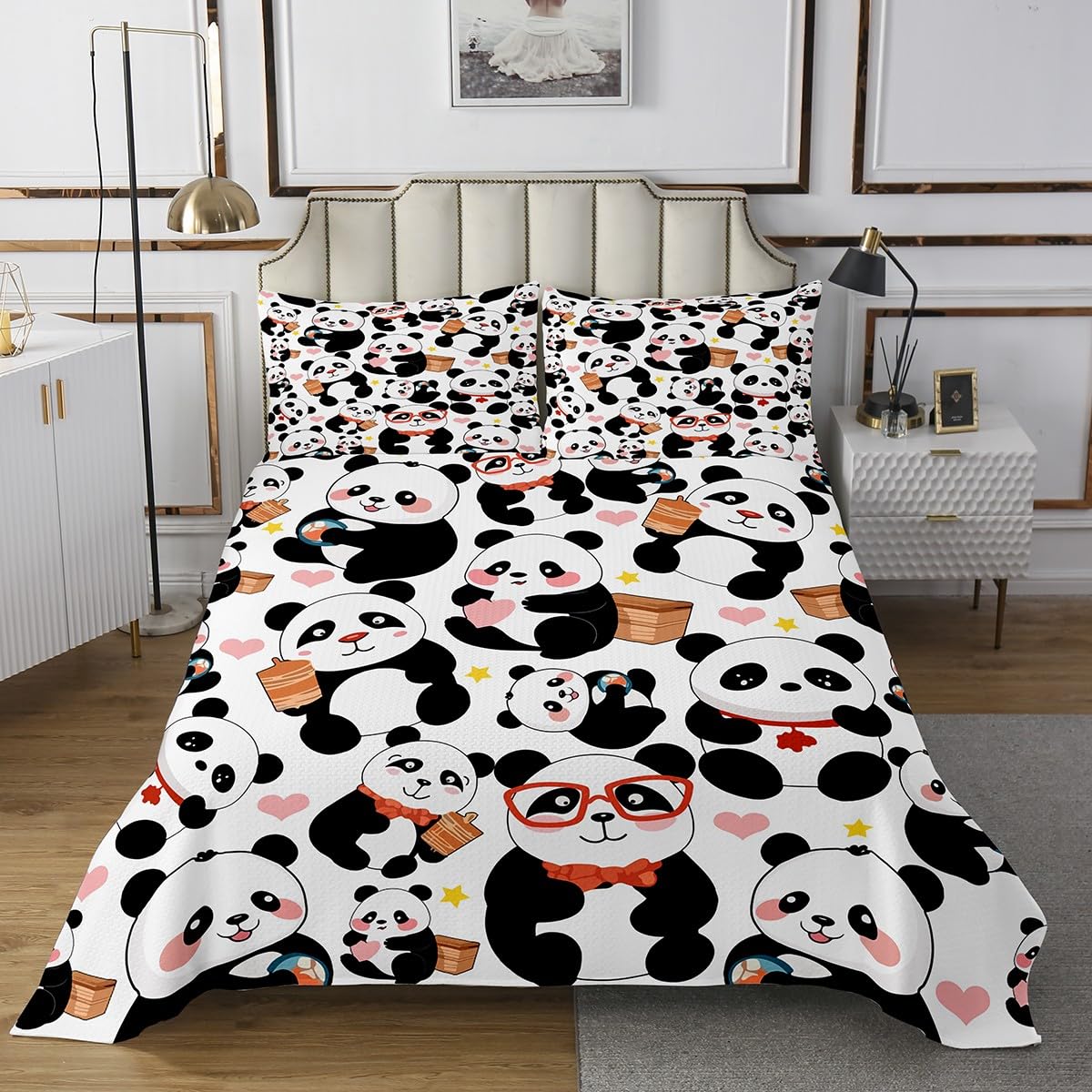 Feelyou Panda Bedspread Cartoon Animal Coverlet Set China Baby Bears Quilt Sets Black White Panda Printed Bedding Collection for Kids Boys Girls Twin Size