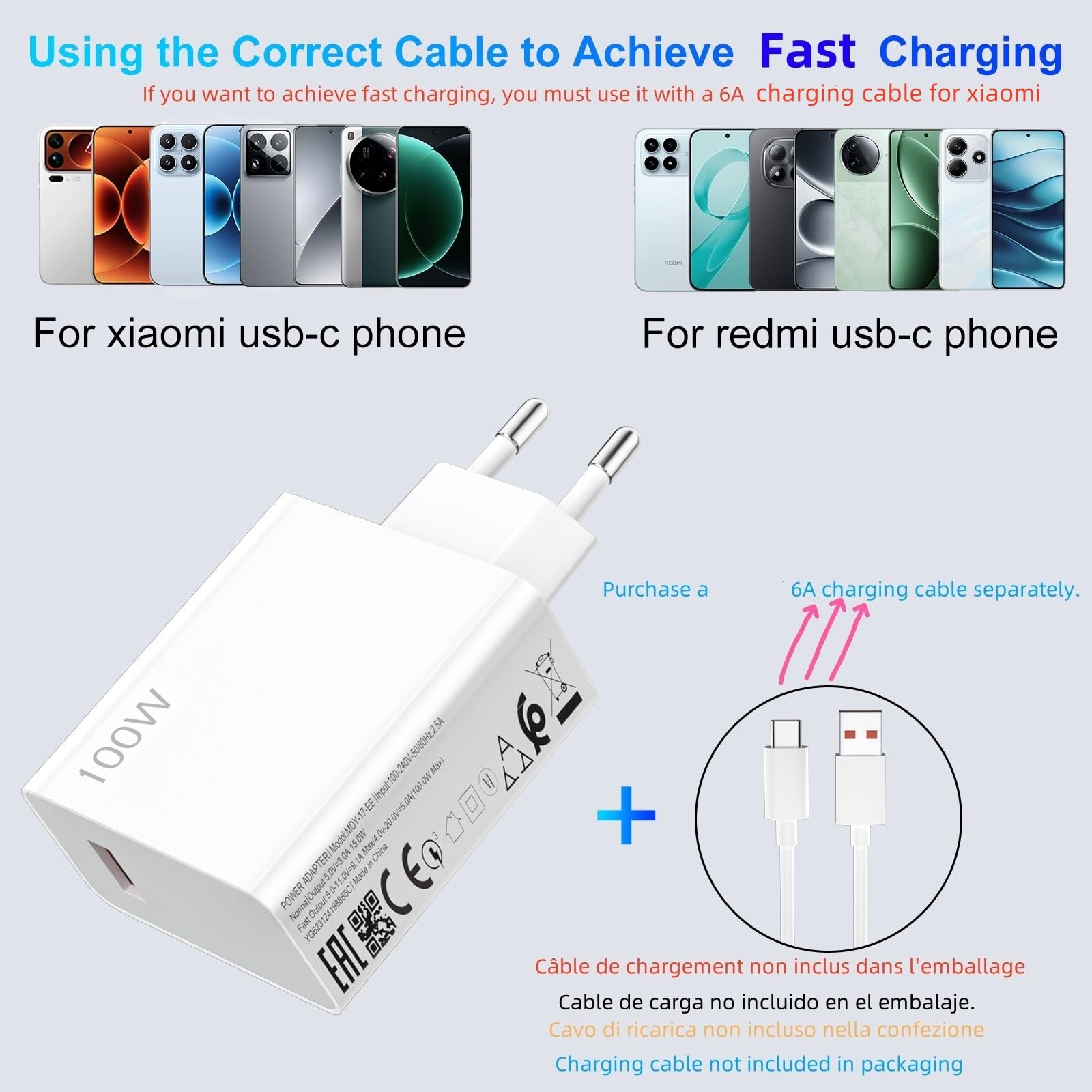 HyperCharge 100W Charger for Xiaomi 17 Pro Max, 90W 67W USB