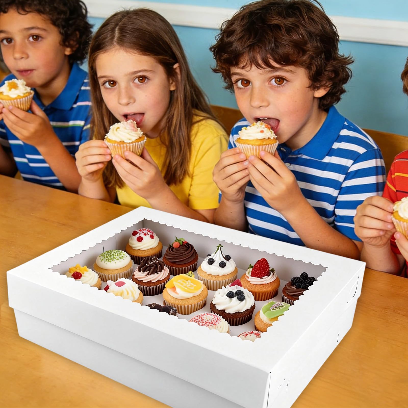 5stk Cupcake-Boxen 24 Stück mit Fenster, Wellpappe Mini-Cupcake-Behälter Höhenverstellbare Einsätze für Bäckerei Desserts Kekse Muffins Partys Geschenkverpackung (39x28x10cm)