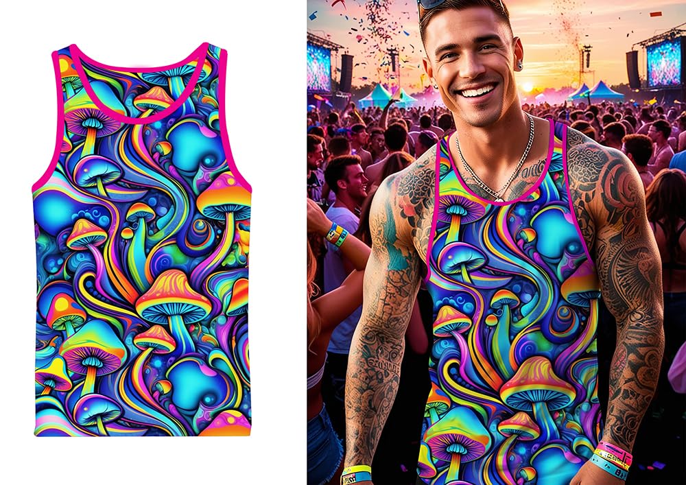 FIESTAS GUIRCA | Psychedelic Mushroom T-Shirt with Cap (52-54/L) - Fancy Dress Accessory for Themed Parties and Celebrations - Ideal for Adult Men - Multicolour