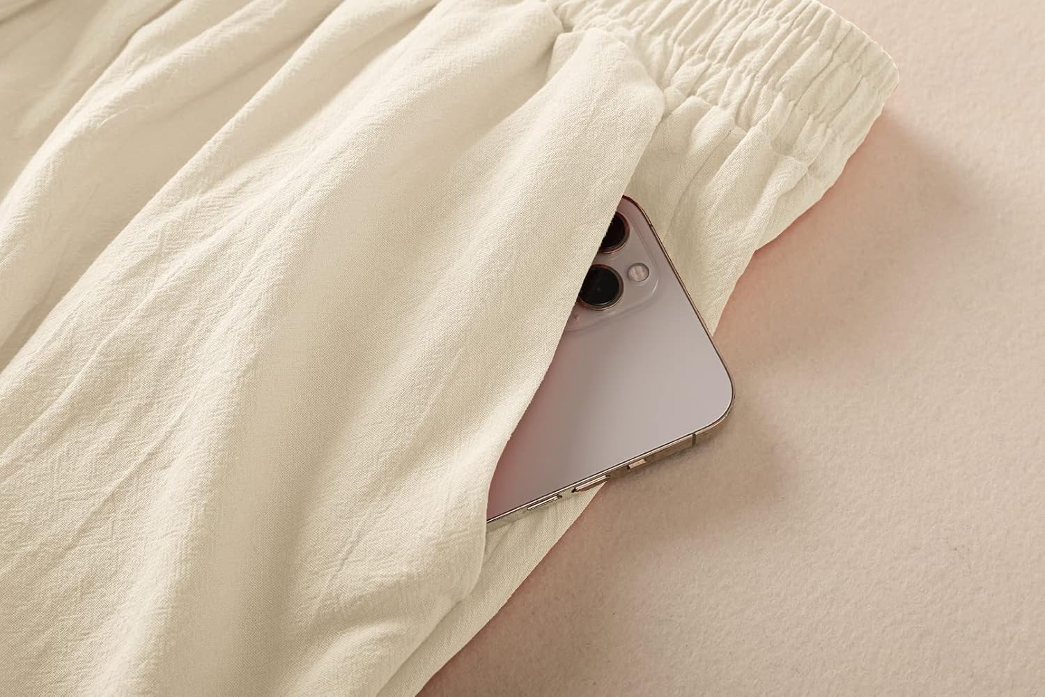 Womens Linen Pants High Elastic Waist Wide Leg Flowy Trousers Plus Size with Pockets Beige 3XL - Image 2