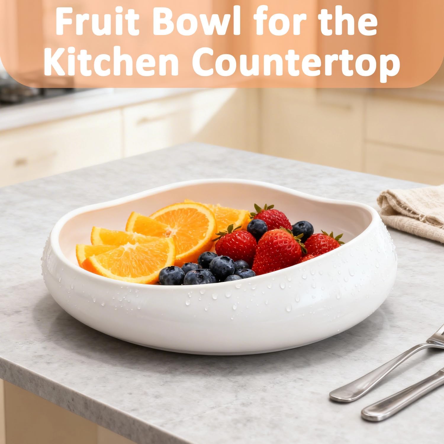 Decorative Bowl, 8 Inch White Ceramic Fruit Bowl for Kitchen Counter, Purse Catch All Key Bowl for Entryway Table, Modern Irregular Rim Centerpiece Bowl for Coffee Table Home Decor