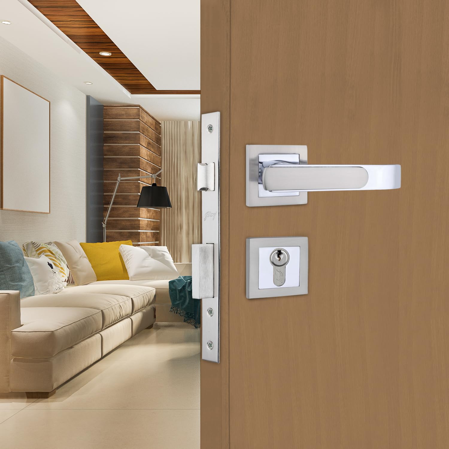 Godrej Mortise Lock | Handle Lock Set for Main & Internal Doors | Gloria Home Décor Handle | Satin Steel Finish | 9 Inch Lockbody | 60mm 1CK Cylinder Knob from Inside Key Outside | 3 Keys