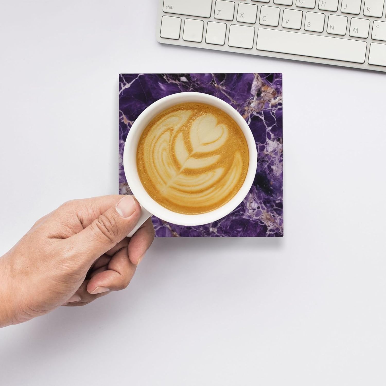 ドリンクコースター6枚セット セラミックコースター ホルダー付き 大理石 パープル ラウンドコースター ドリンク用 卓上保護 カップ