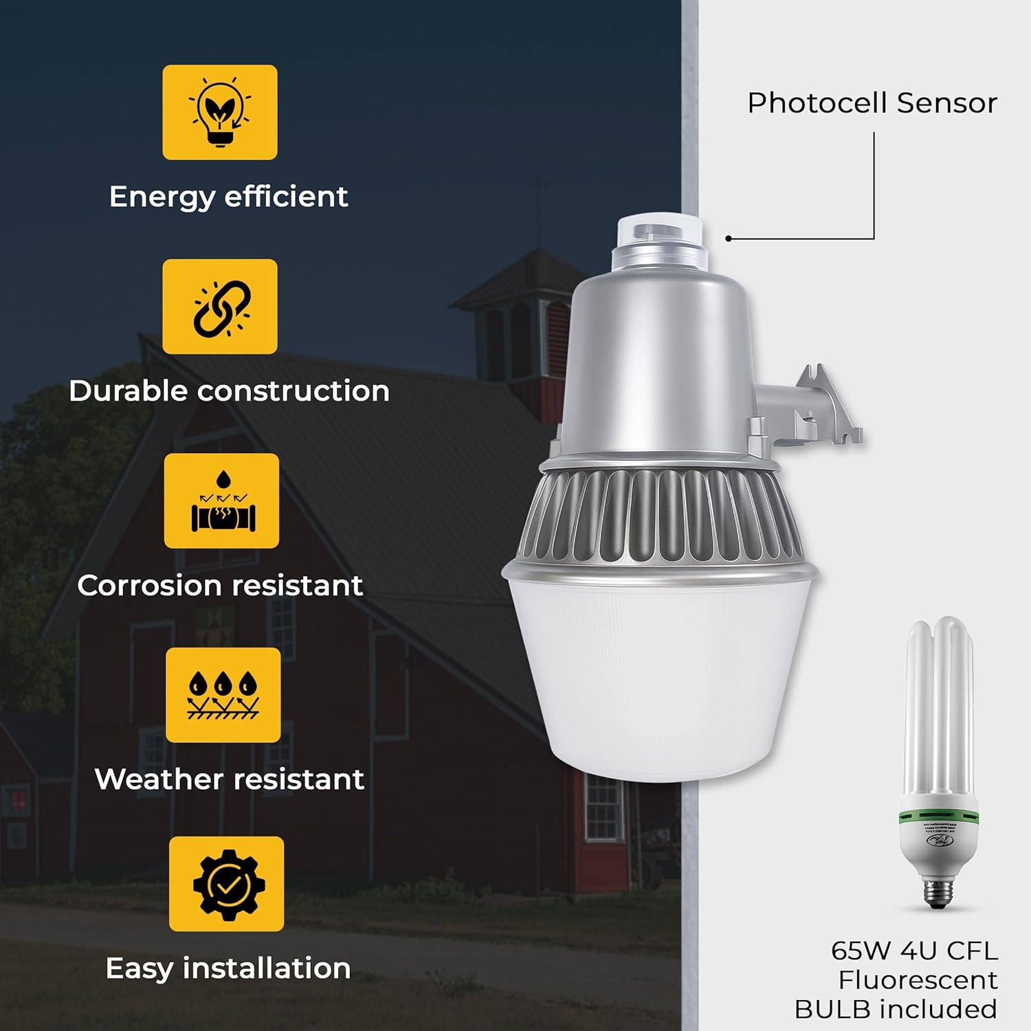 Touch & Glow Security Area Light – Ultra Bright Dusk to Dawn High-Pressure Fluorescent LED Light with Photocell for Outdoor Safety | Heavy Duty Wall Mount (with 65W LED Bulb)