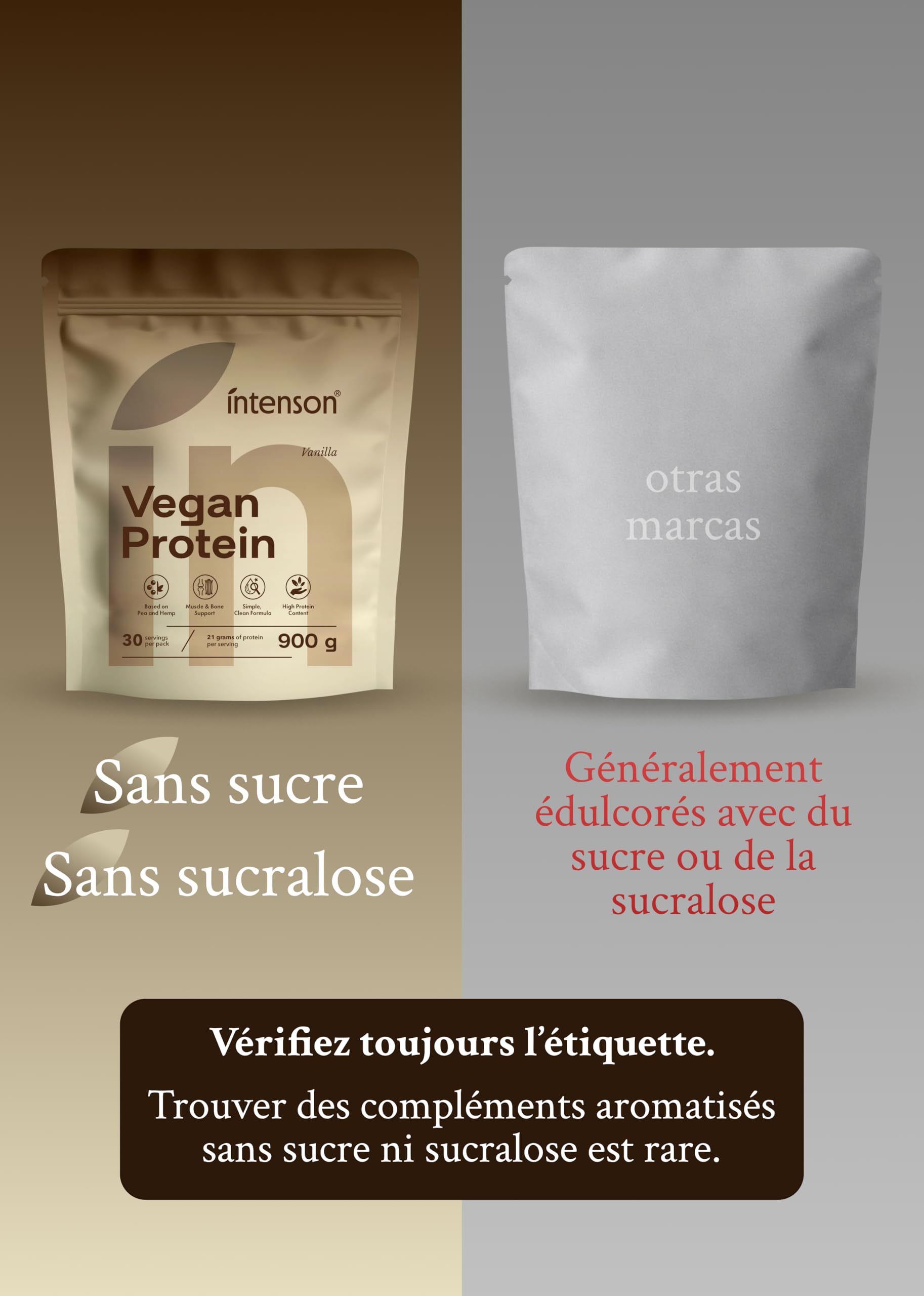 Intenson Vegan Protein Powder Vanille, 900 g, 21,9 g de Protéines par Portion, 30 Portions, Mélange Pois & Chanvre, 100% Végétal, Sans Lactose, Sans Gluten, Sans Sucre, Formule Clean