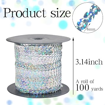 100 Yards Flat Round Sequin Trim String,6 mm Silver Sequin Trim Glitter Sequin Ribbon Metallic Trim Strand for Crafts Sewing Wedding Dress Clothes Party Embellish