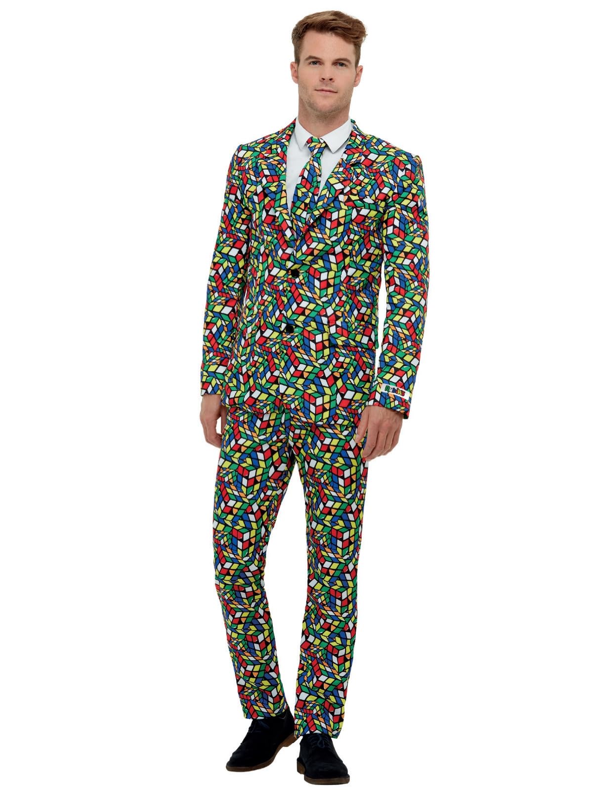 Smiffys Rubik's Cube Suit, Multi-Coloured with Jacket, Trousers & Tie, Officially Licensed Rubiks Cube Fancy Dress, Adult Dress Up Costumes